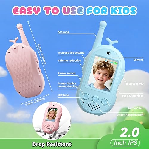 Miniatura 8 de Walkie Talkies de video mejorados para niños, paquete de 2 llamadas de vozvideo recargables para niños, juguetes para juegos de interior, exterior,