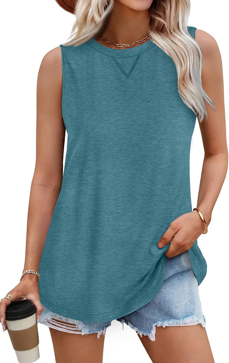 WIHOLL Womens Tank Tops Loose Fit Casual Flowy Round Neck Trendy Sleeveless Summer Tops Clothes Outfits