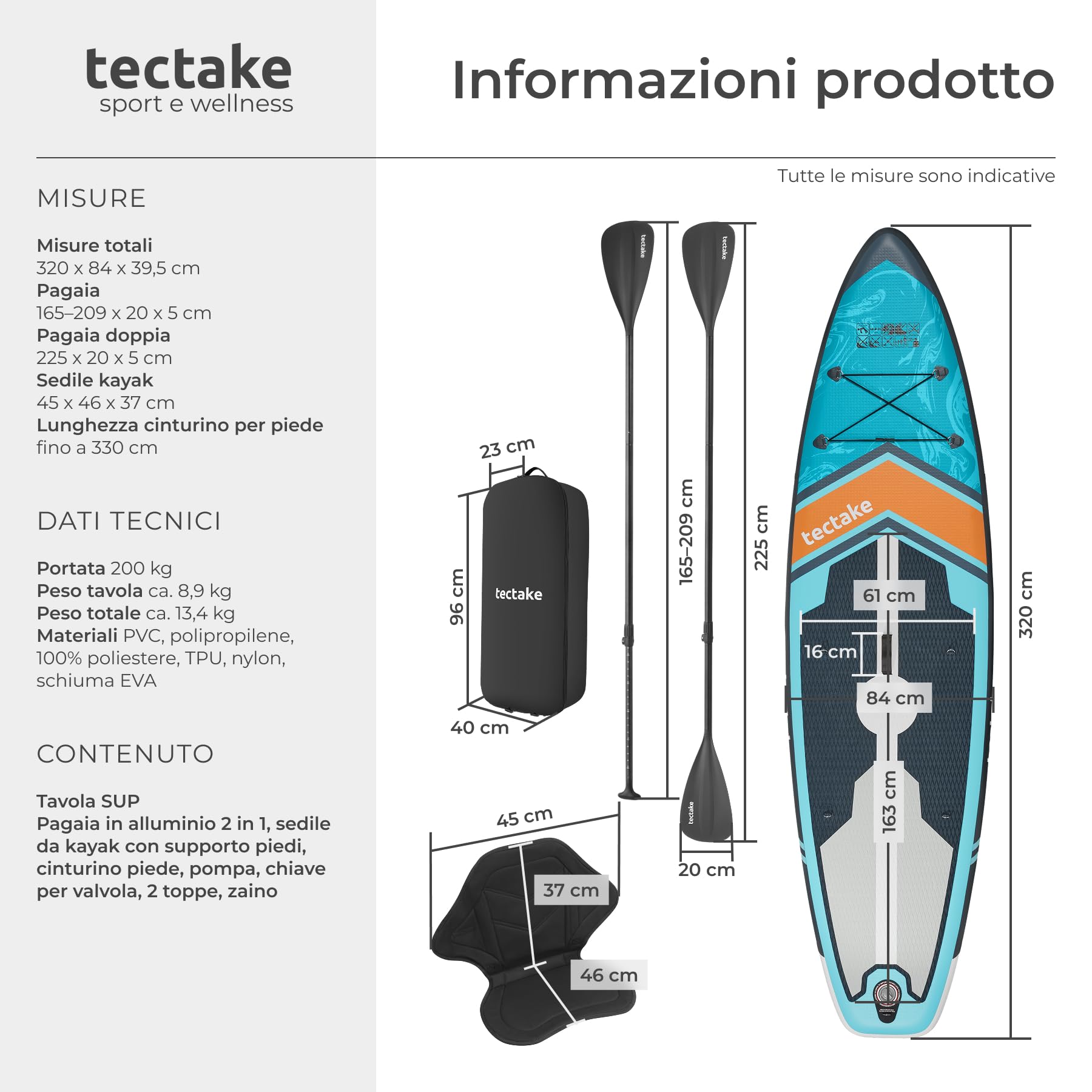 tectake® Tavola Sup Gonfiabile 2 in 1, Antiscivolo, Sedile Kayak, 200 kg