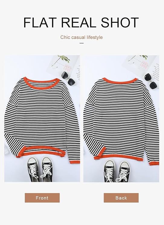 Dokotoo Women's Long Sleeve Sweaters Casual Crewneck Fashion Fall Striped Color Block Shirts High Low Pullover Sweater Tops