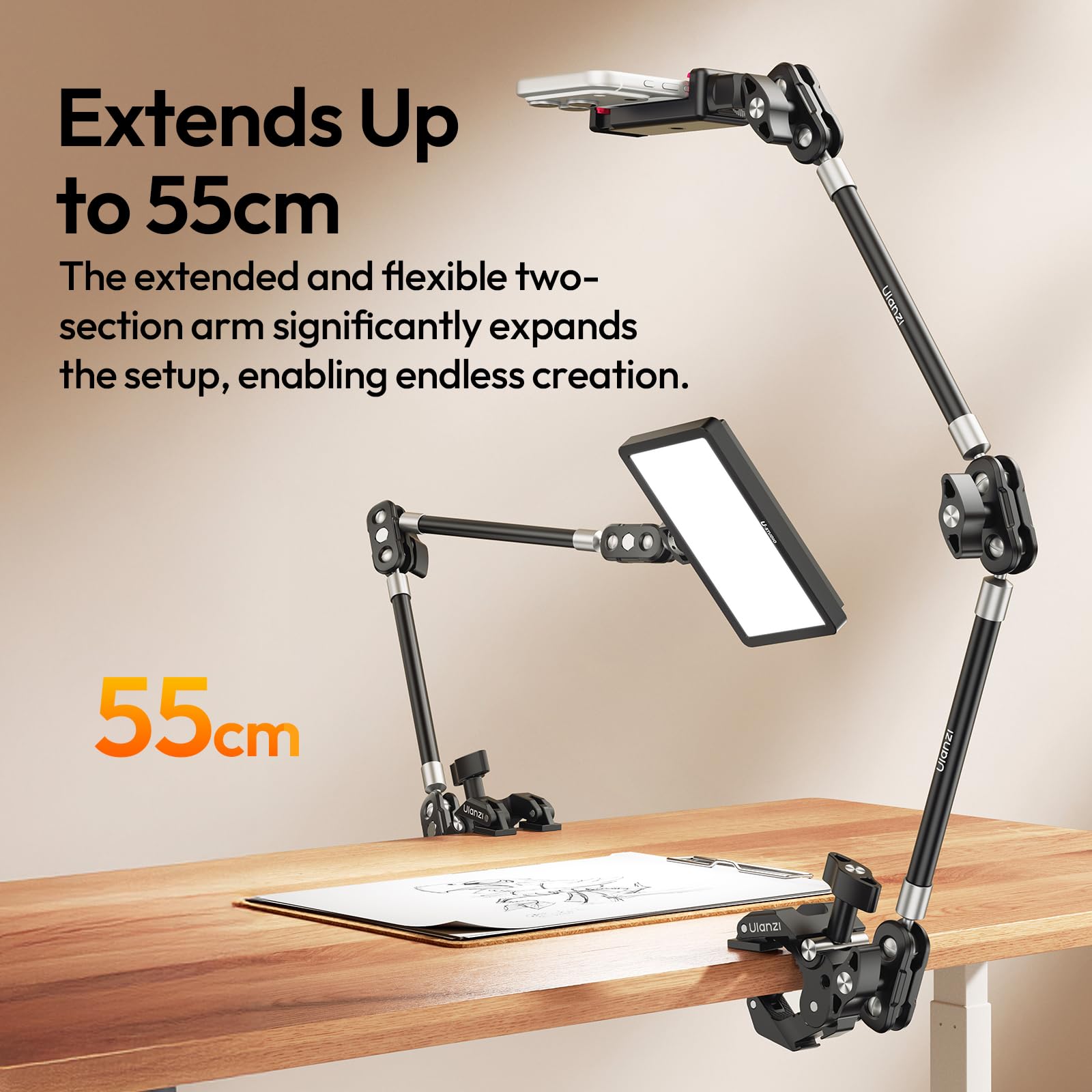 ULANZI CO78 Bras Magiques à Super Clamp avec Rotule 360°, Trépied à Pince avec Positionnement 1/4" & Arri, Support de Téléphone avec Sabot Froide & Filetage 1/4" pour iPhone/Lampe/Caméras d'action