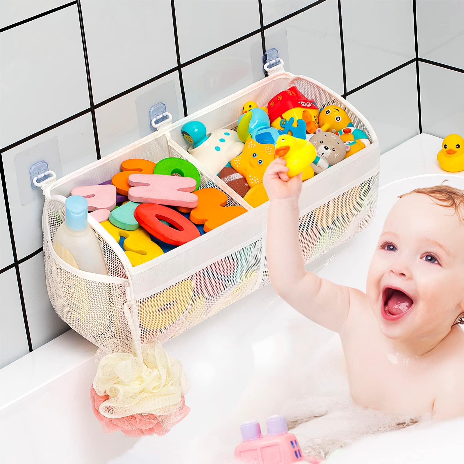 AustionOriginal Two Compartment Easy-access Mesh Bath Toy Organizer for Bath Tub with Large Openings Quick Drying Cute Toddler Bath Toy Storage Holder for Baby