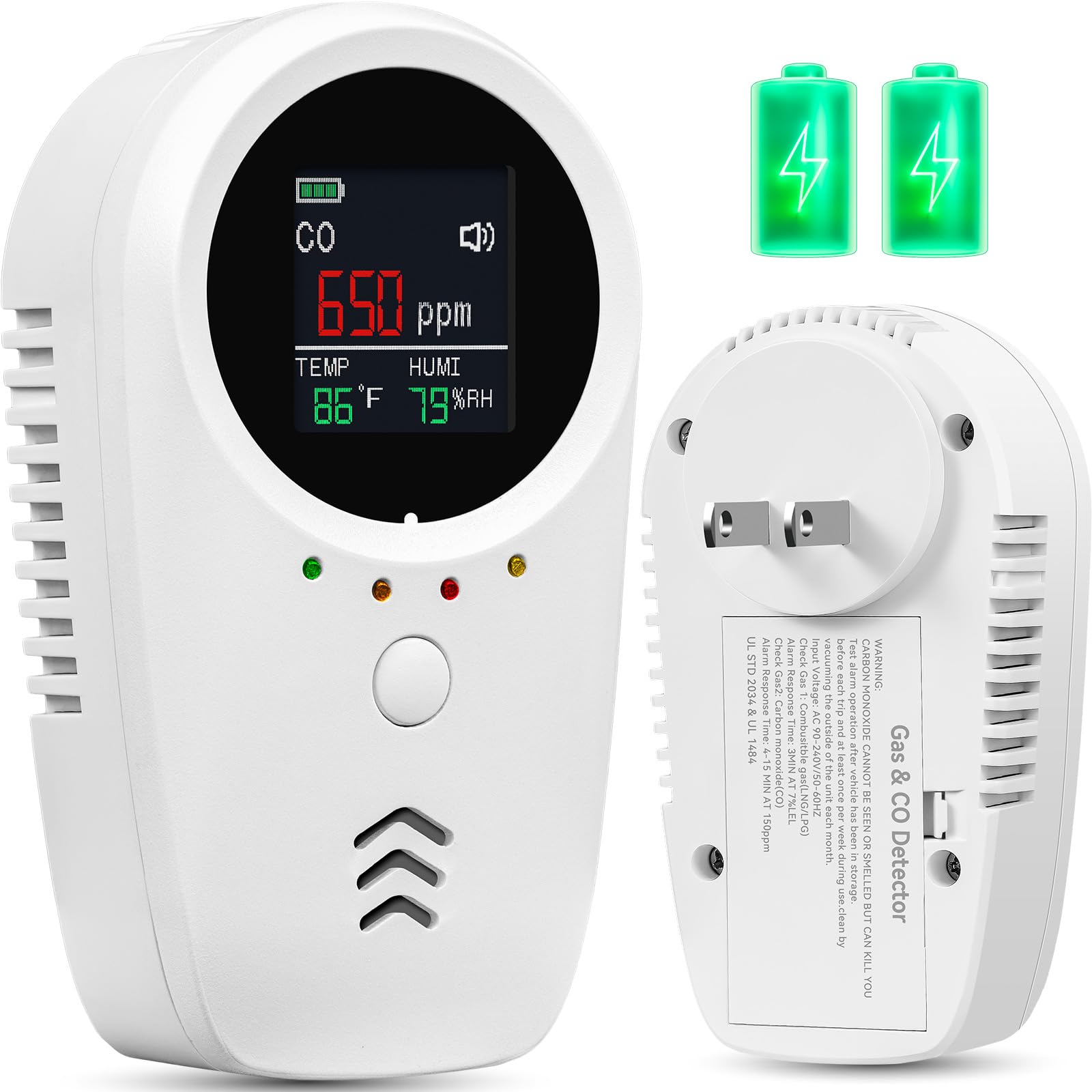 5-in-1 Carbon Monoxide Detectors,Plug-in Gas Detector with Rechargeable Backup Battery,Monitoring CO Natural Gas Temperature and Humidity Sound Light Alarm Detector,LCD Screen Brightness Adjustable - 2