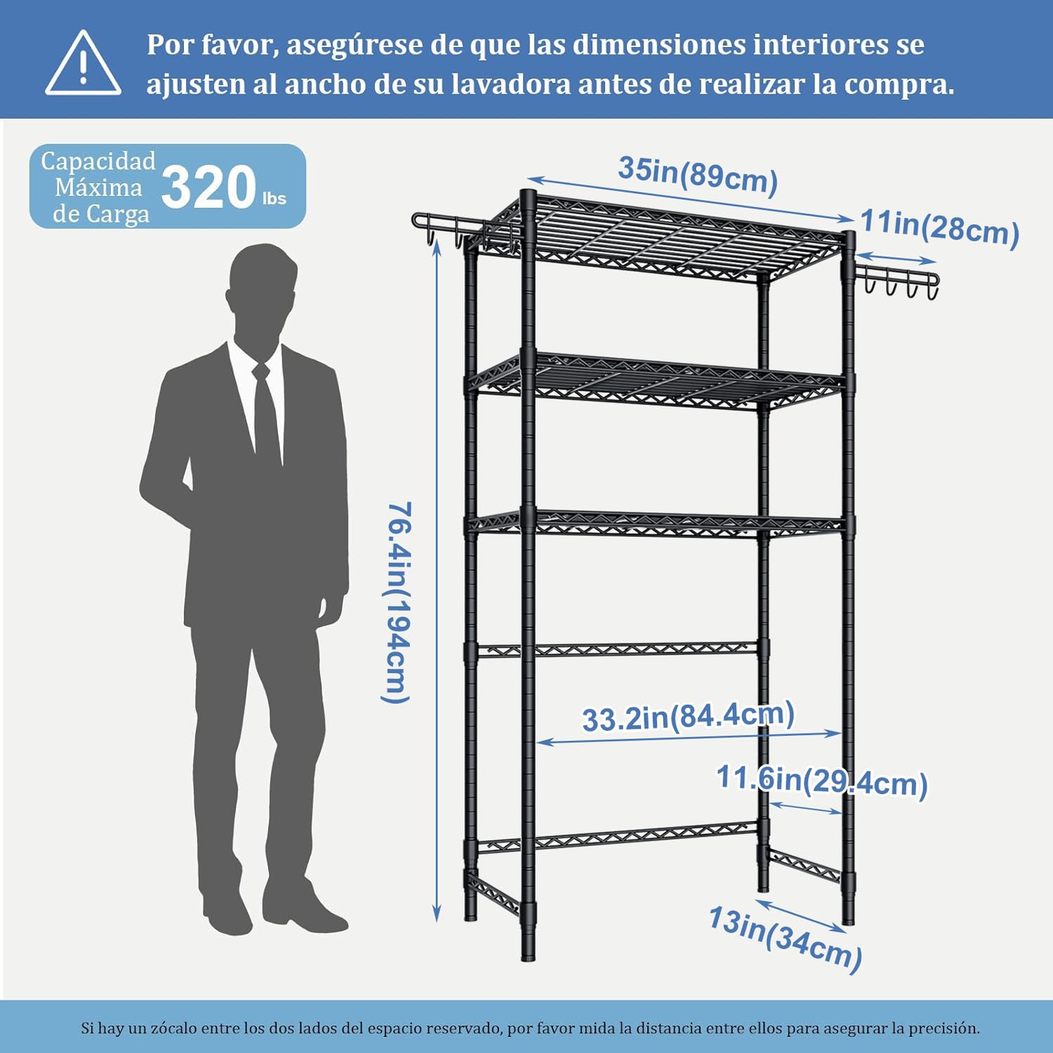 Estantería Regulable para Lavadora con 3 Estantes | Organizador de Baño que Ahorra Espacio, Negro, 89 × 34 × 193 cm