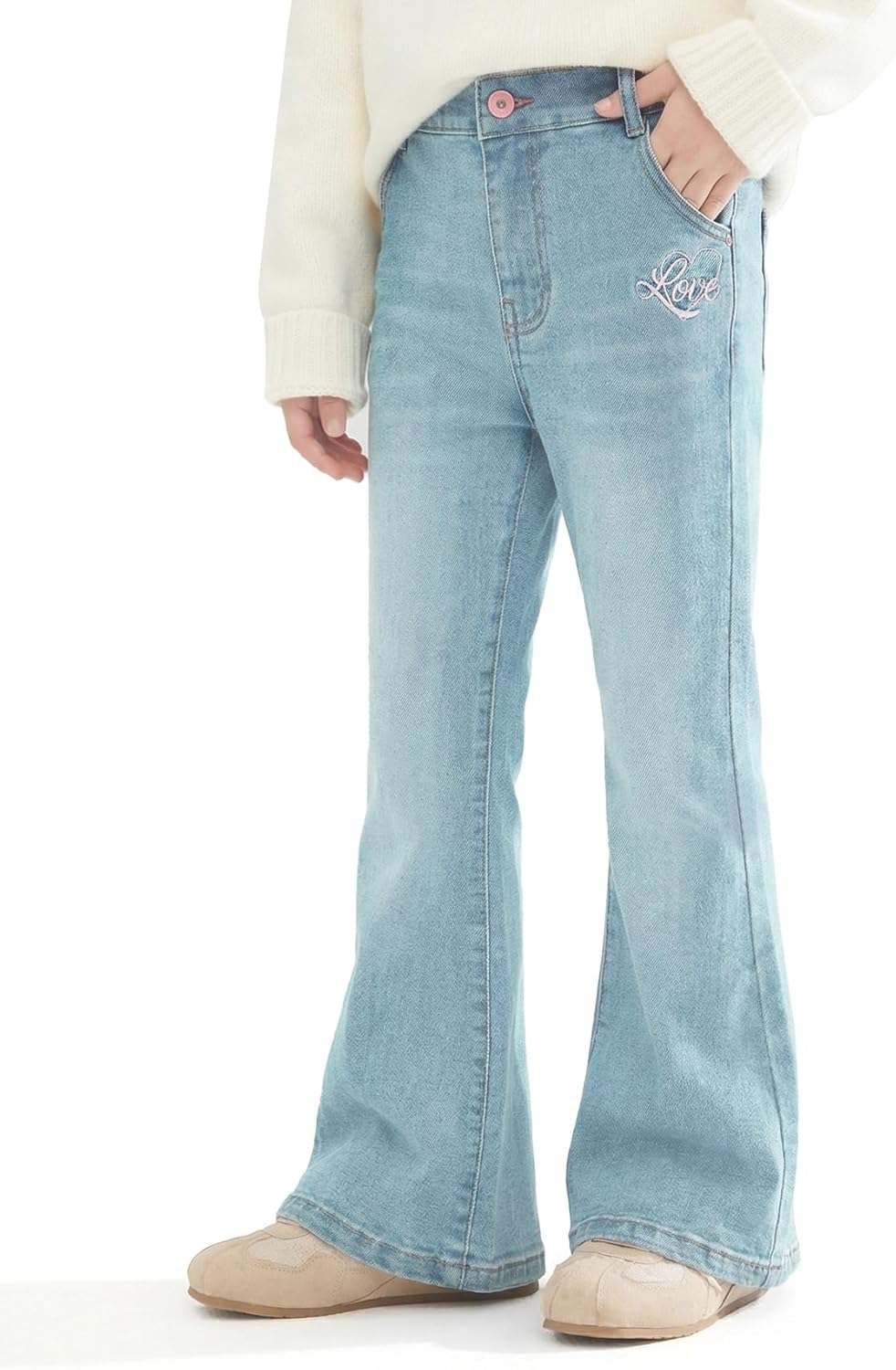 Girls Flare Jeans Denim Wide Leg Pants High Waist Casual with Pockets Kids Clothes 6-16Y