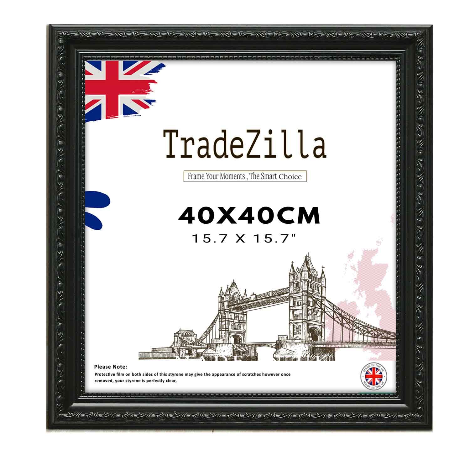 TradeZilla Antique Style Square Frame 40X40 cm - Ornate Shabby Chic Black Picture/Photo/Poster Vintage Frame with MDF Backing Board Perspex- For Gift Wall Gallery -40X40 CM (15.7X15.7)