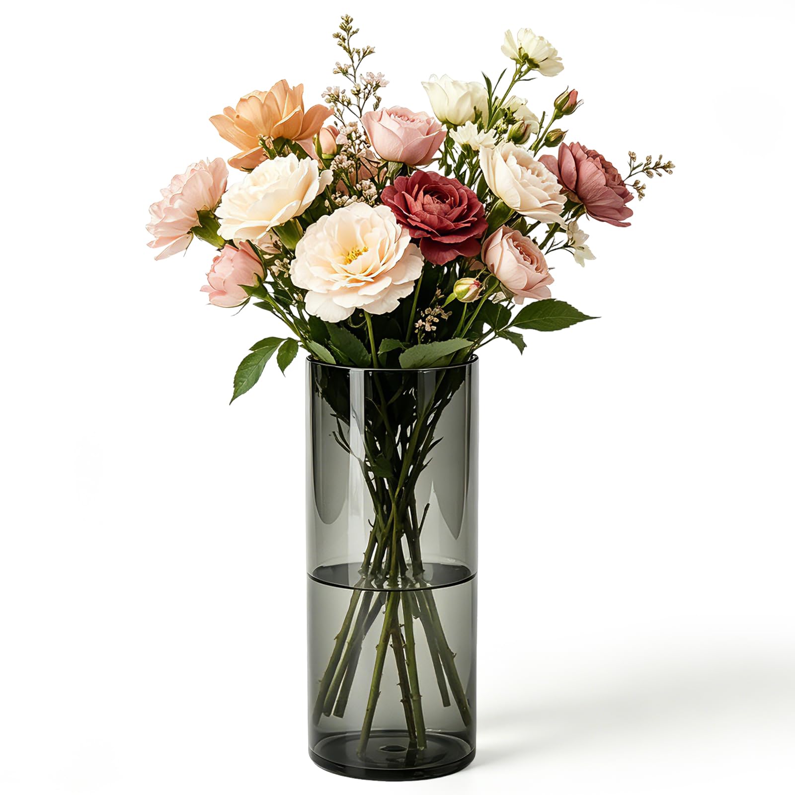 Rzspher Acrylic Vase, 10x25cm Shatterproof Cylinder Flower Vase, Ribbed Modern Simplicity Vase for Living Room, Dining Table, Wedding, Bookshelf, Office, Grey