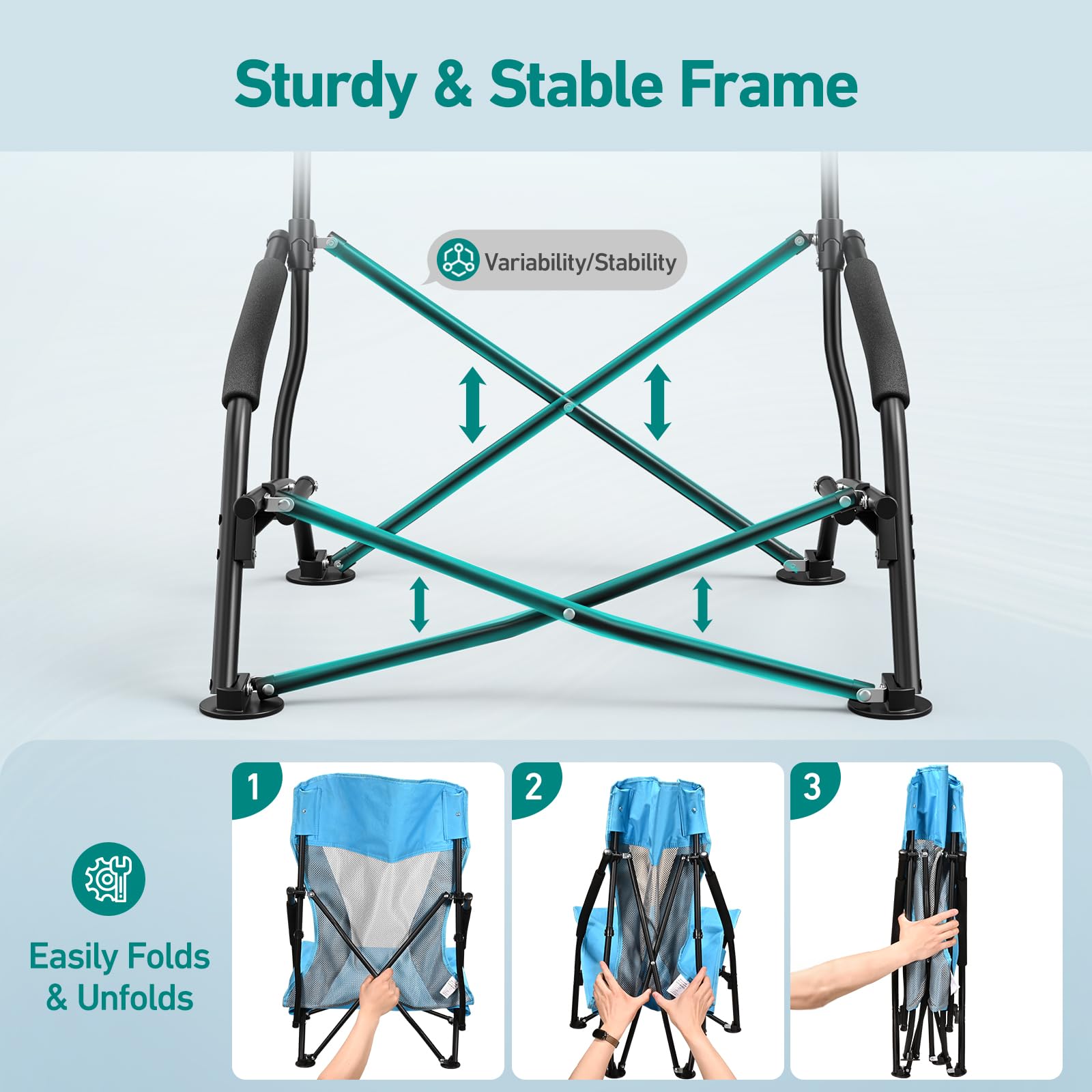 WildFun Strandstuhl Klappbar, Leicht Campingstuhl Faltbar mit Niedrigen Stuhlbeinen Atmungsaktiver Netzstoffrückenlehne und Tragetasche, Trägt bis 100kg für Strand See Garten Wandern (2Pcs, Blau)