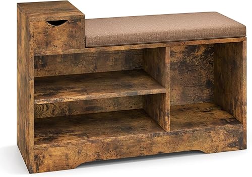 Giantex Banco industrial de almacenamiento de zapatos, banco de zapatos de entrada con cojín extraíble, cajón de almacenamiento y 3 compartimentos