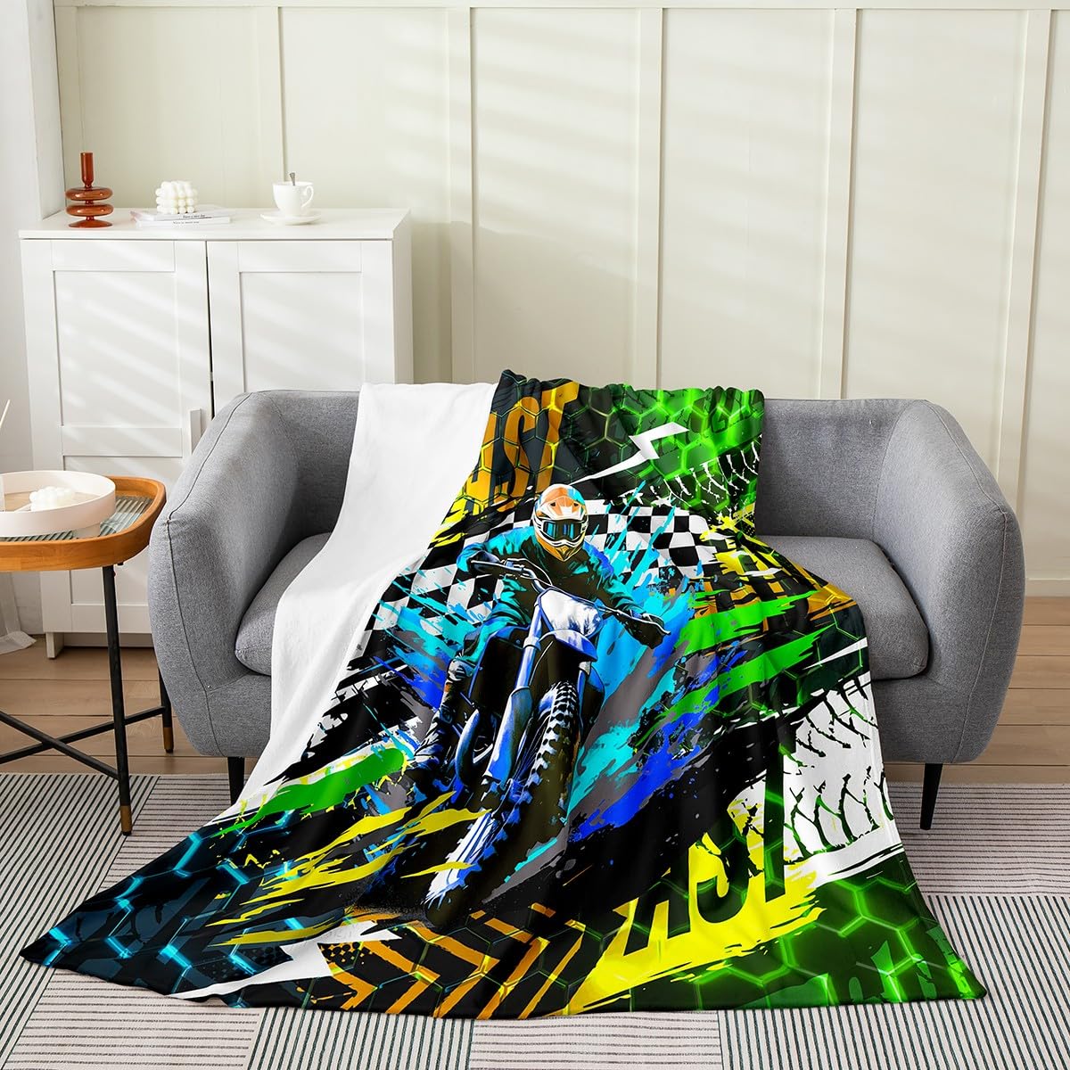 Homemissing Men's Multicolored 14 Dirt Bike Flannel Blanket Baby 30"X40" Kids Motocross Rider Plush Blanket For Boys Extreme Sports Motorbike Motorcycle Fuzzy Blanket Sports Competition All Season Bed Blanket Hexagonal Decor
