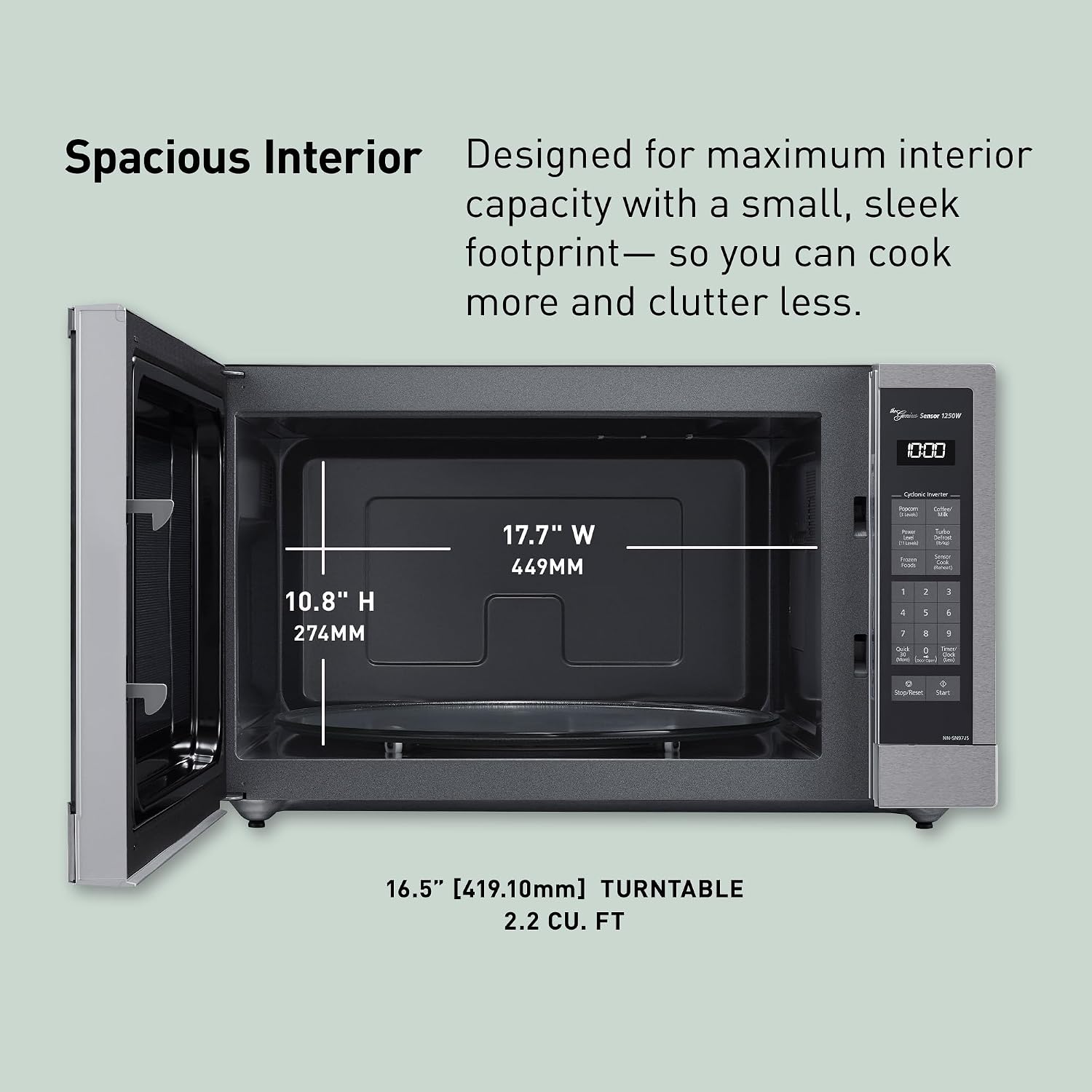 Panasonic Microwave Oven, Stainless Steel Countertop/Built-In Cyclonic Wave with Inverter Technology and Genius Sensor, 2.2 Cu. Ft, 1250W, NN-SN97JS (Silver), view 4
