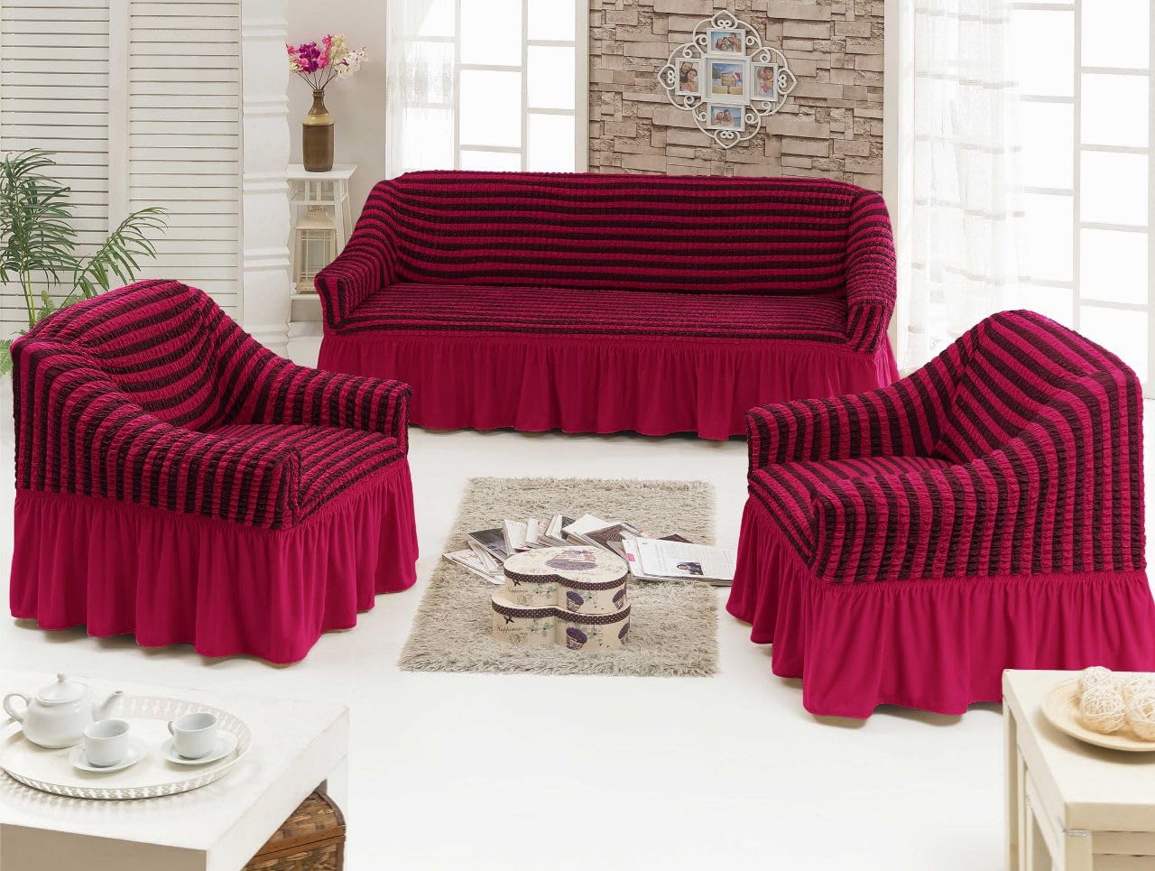 Akaas Frill Design 3+1+1 Seater Elastic Stretchable Turkish Bubble Sofa Slipcover, Durable Washable Universal High Elastic Furniture Protector-Dark Maroon (B0DDT55PP9) Amazon Price History, Amazon Price Tracker