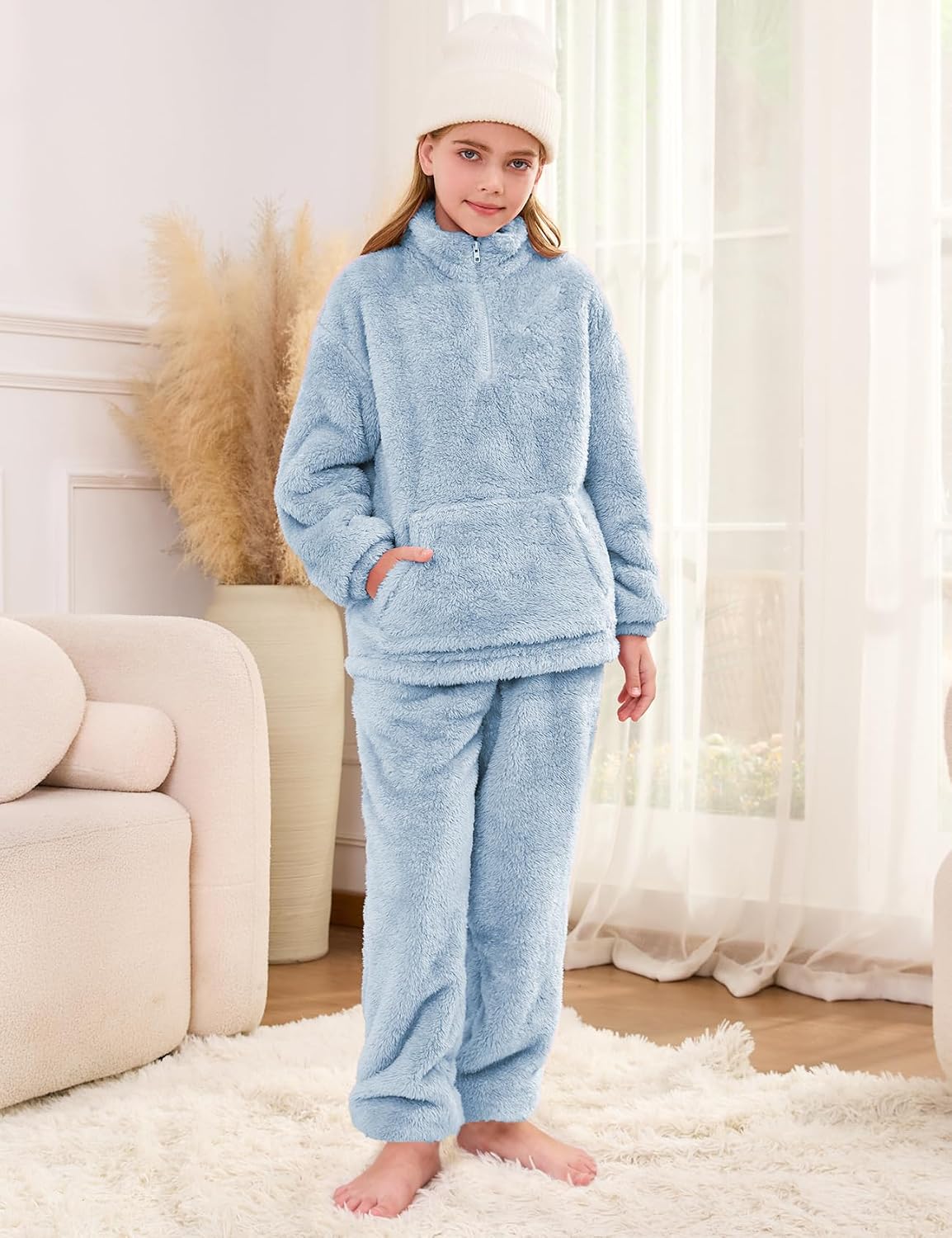 Flygo Girls Boys Fuzzy Pants Set Fleece Sweatsuit Flannel Fluffy 1/4 Zip Sweatshirt Pants Sets 2 Piece Outfits 5-14Years
