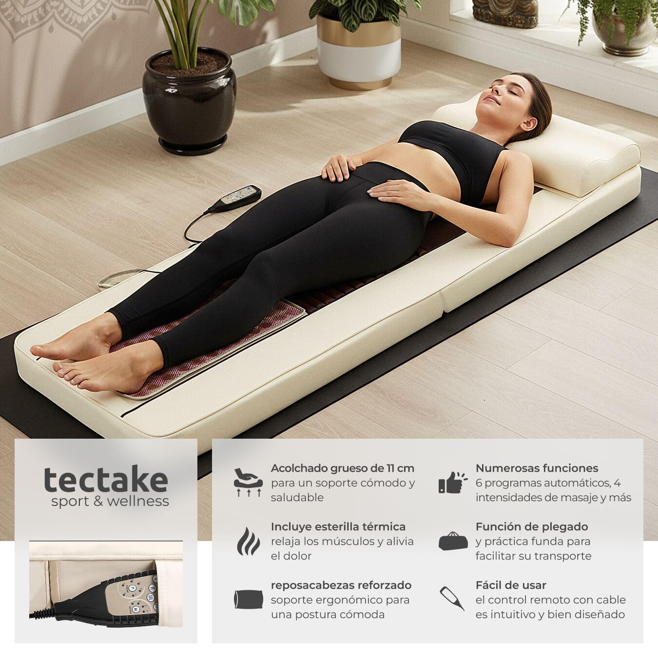 tectake® Colchoneta Masajeador Espalda con Alfombrilla de Calor de Jade, 10 Cabezales de Masaje Plegable con Bolsa de Transporte para Masajeador Espalda y Cuerpo - 186,5 x 60 x 11 cm