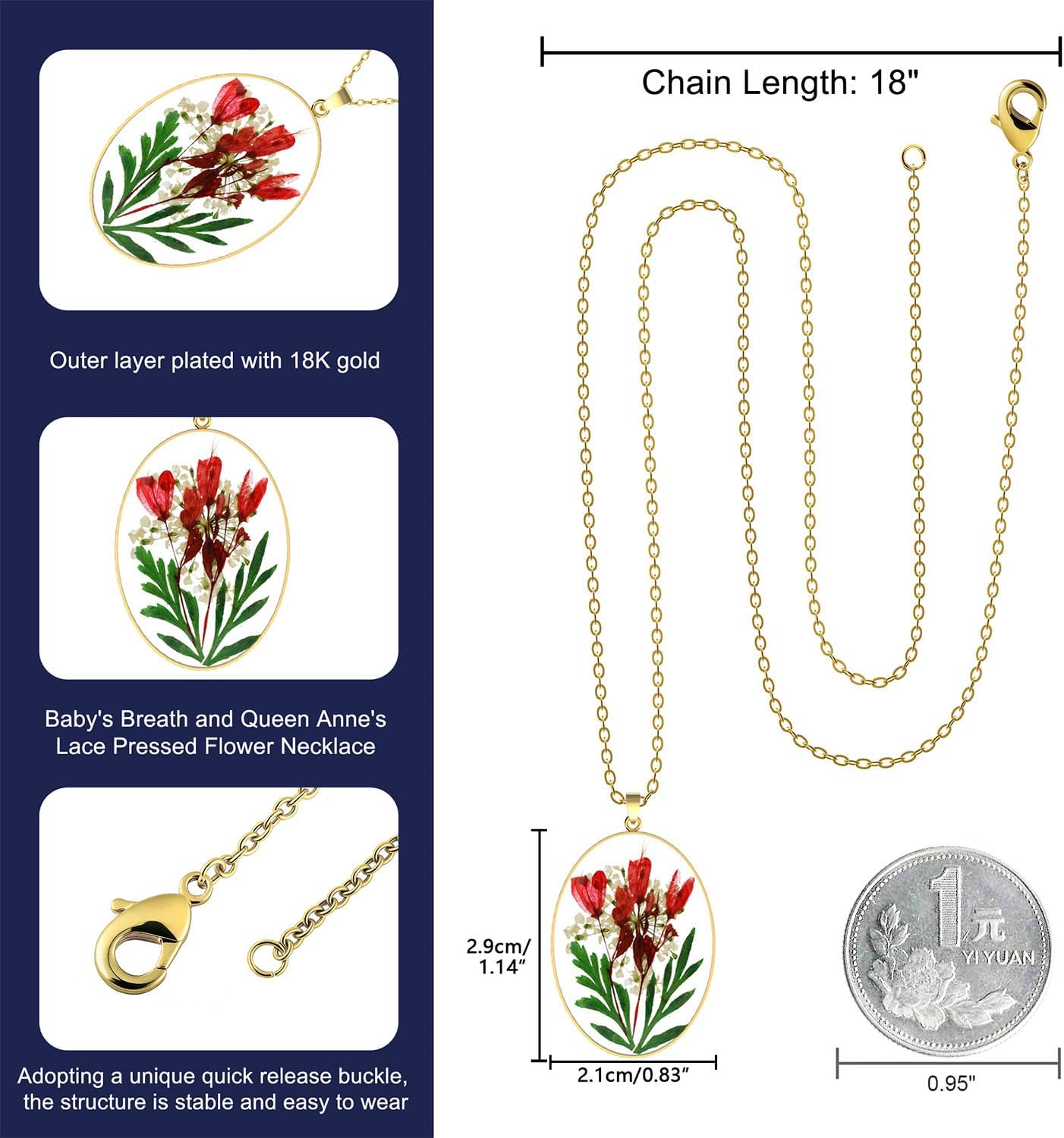 Baby's Breath and Queen Anne's Lace Pressed Flower Necklace, Handmade Gold Pressed Flower Necklace, Personalized Jewelry with Real Flowers, Handmade Real Wildflower For Women - Image 4