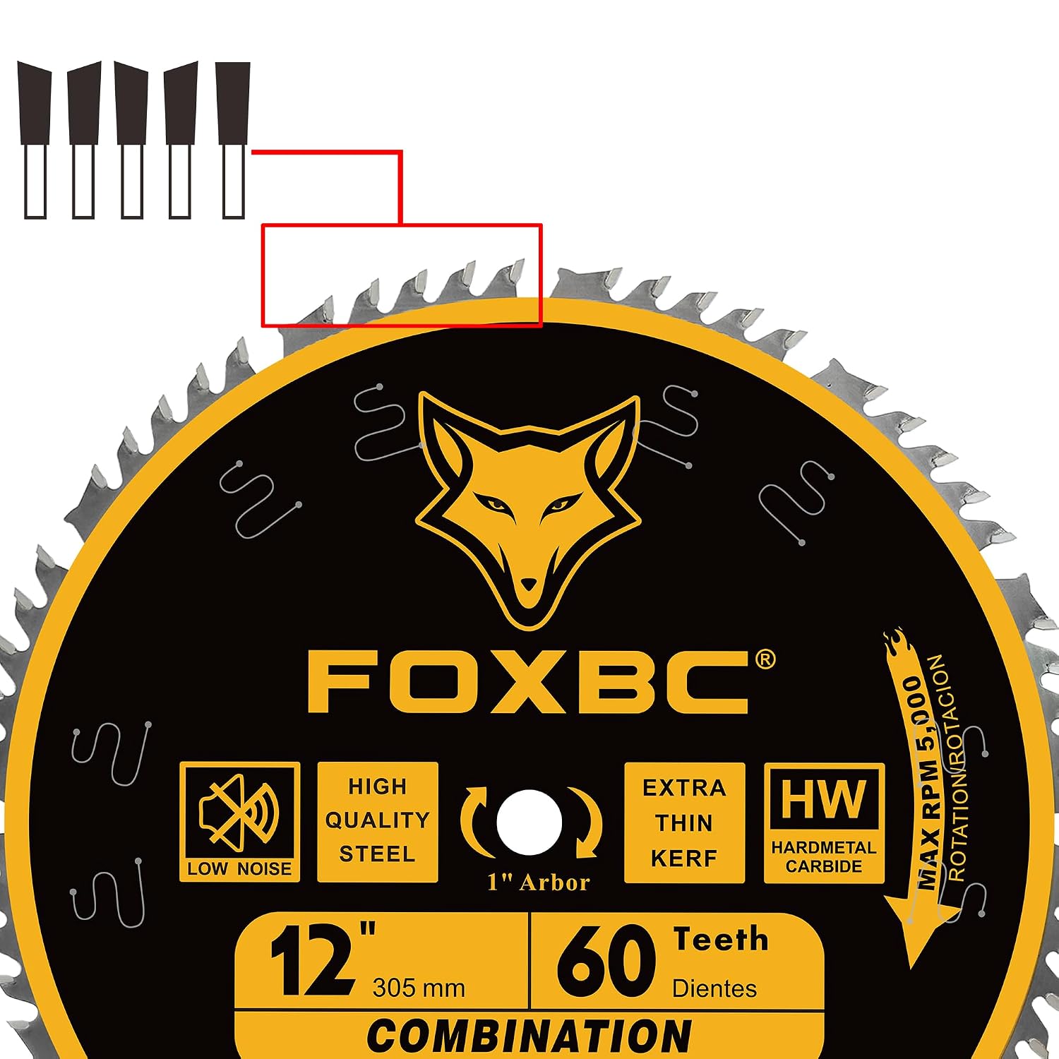 FOXBC 12 Inch Combination Miter Saw Blade, 60-Tooth, Wood Cutting with 1 Inch Arbor