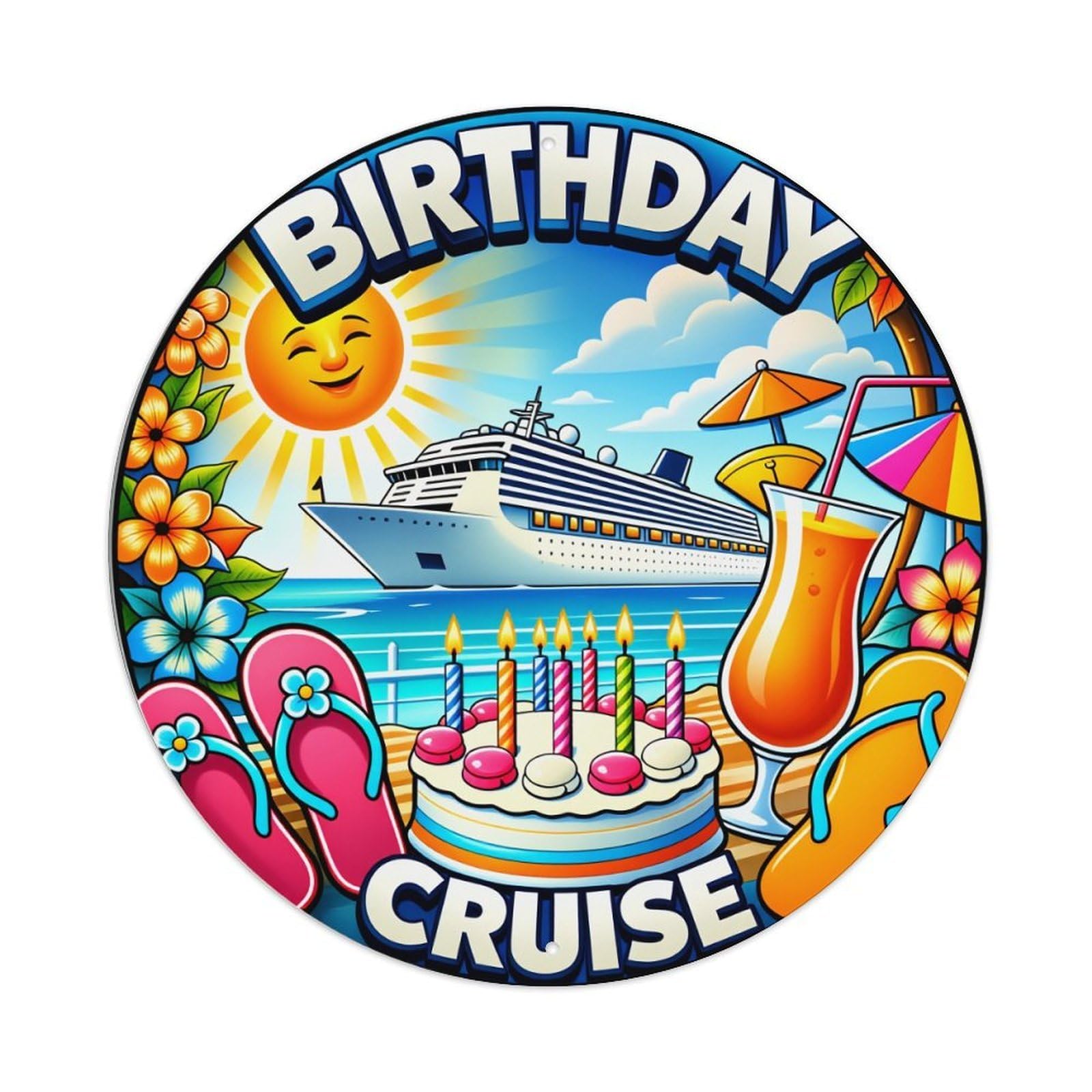 Birthday Cruise Cake Sun Ship Metal Tin Sign Vintage Garden Bedroom Cafe Bar Man Cave Home Wall Decor Metal Poster 8x8 inches