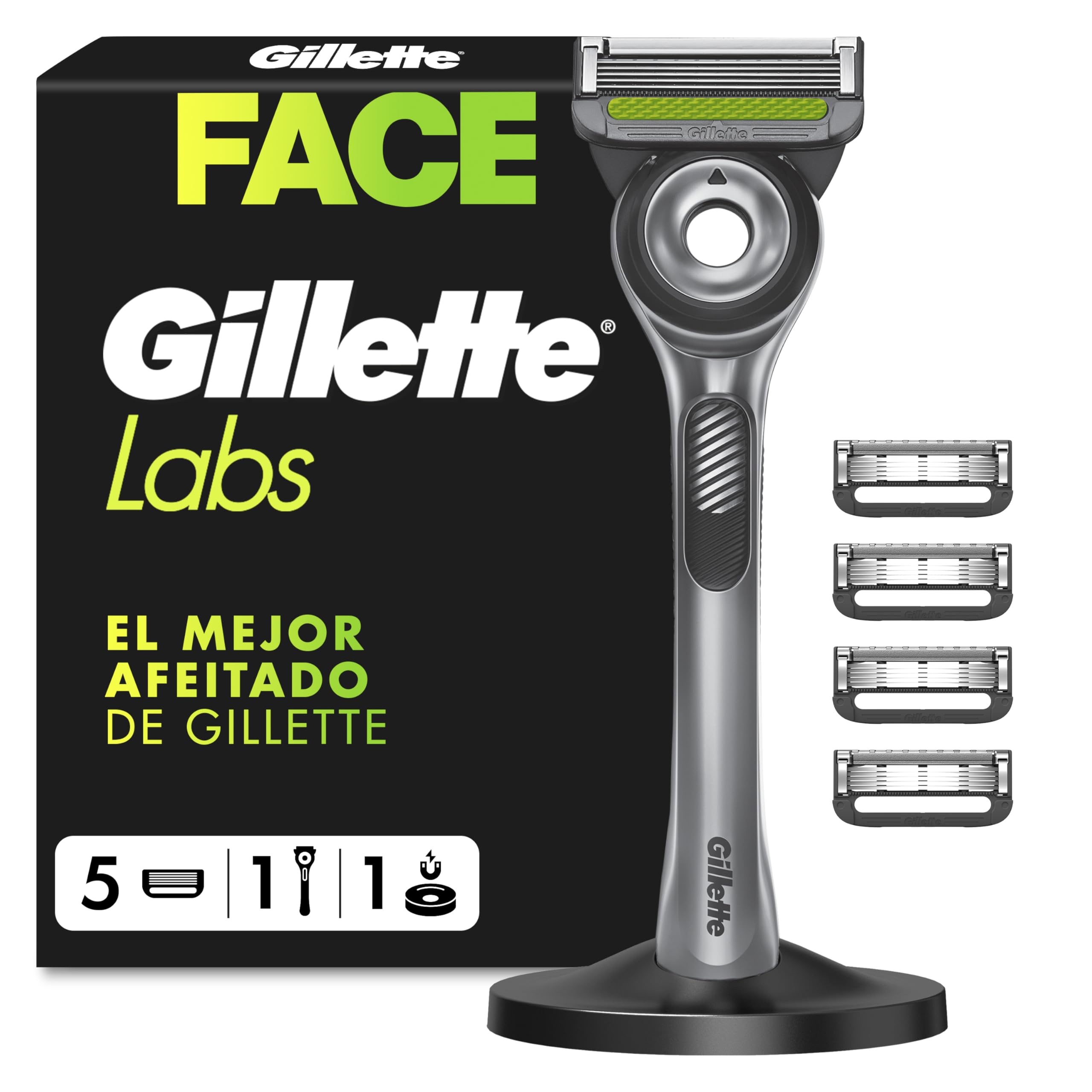 Gillette Labs - Cuchilla de afeitar para hombre, 1 pieza de mano, 5 cuchillas de repuesto, base magnética