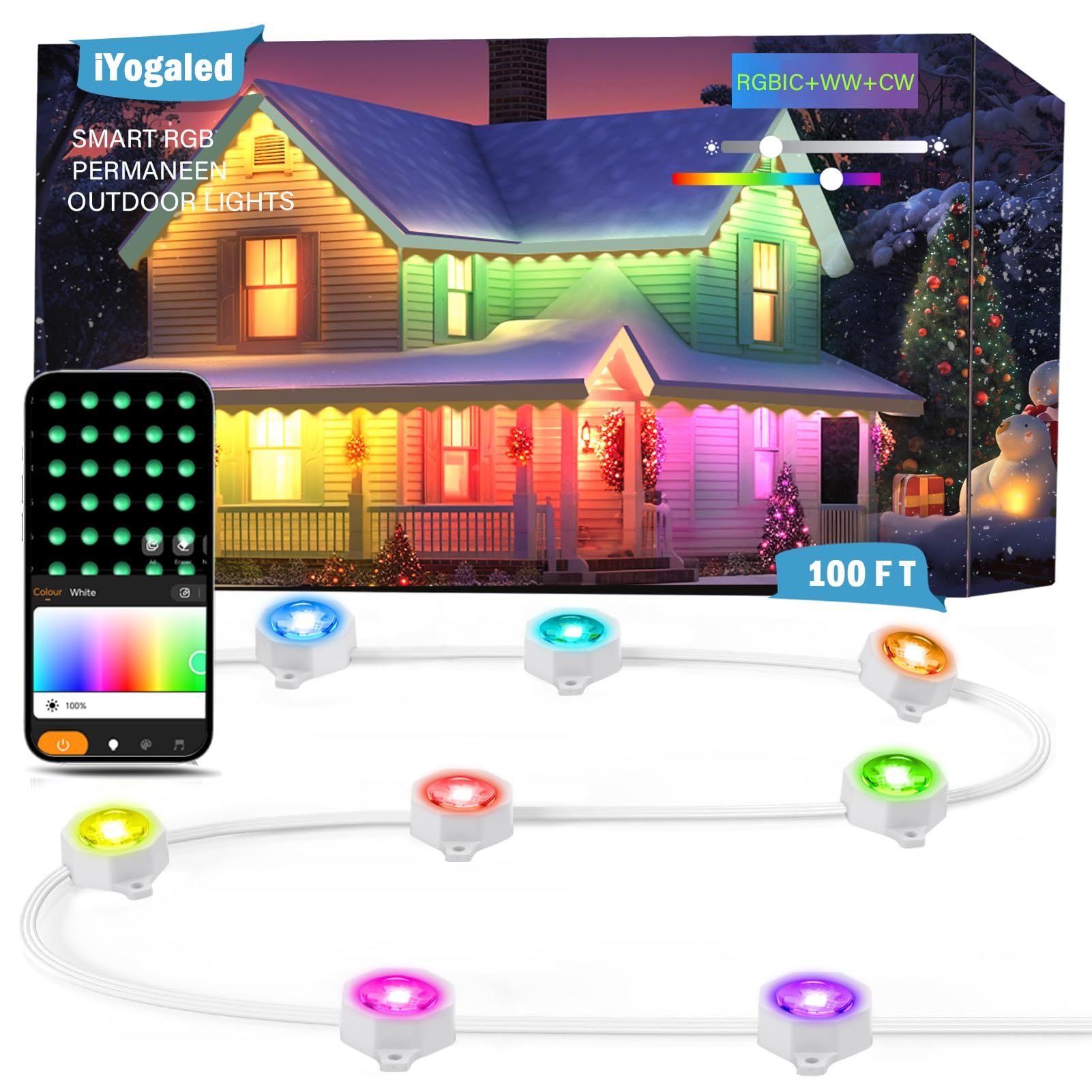 iYogaled Permanent Outdoor Christmas Lights 100ft,Smart RGB Color Changing Eave Lights with 63 Scene Modes, IP67 Waterproof Permanent Holiday Lamps
