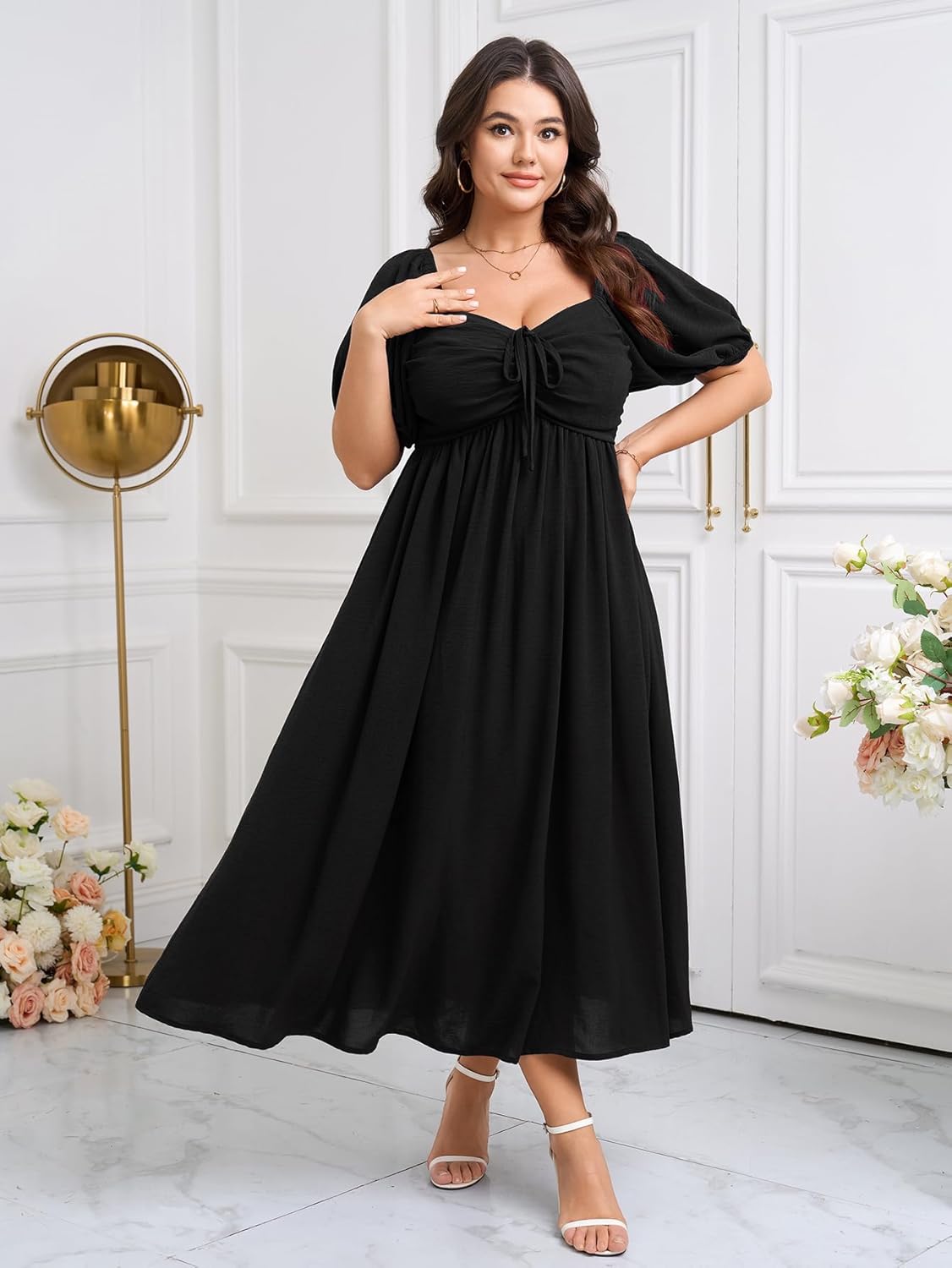 SCOMCHIC Plus Size Sweetheart Neckline Maxi Dress Formal Wedding Guest Short Puff Sleeve Cocktail Smocked A-Line Dresses - Image 3