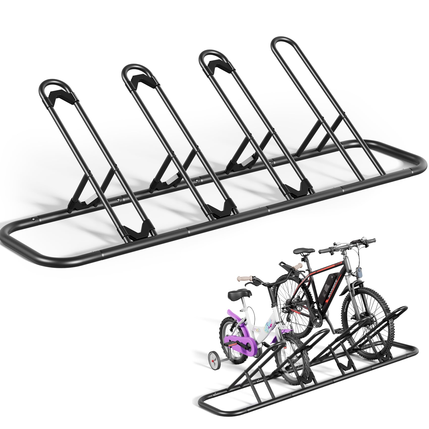 Mr IRONSTONE Floor Bike Rack for Garage, Indoor/Outdoor Bicycle Storage Stand, Parking Rack for Mountain, Road &amp; Kids Bikes (Black, 4-Slot)