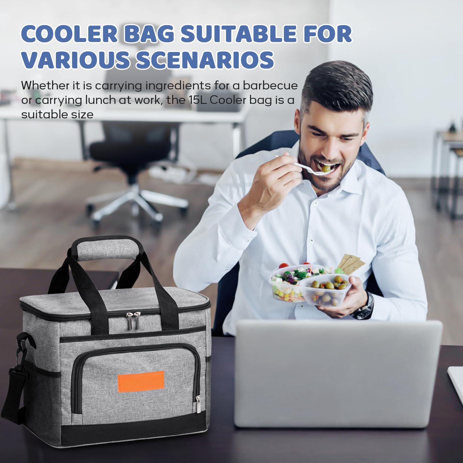 Borsa Termica Porta Pranzo 15L Isolata Impermeabile Lunch Bag con Tracolla Regolabile Grigio