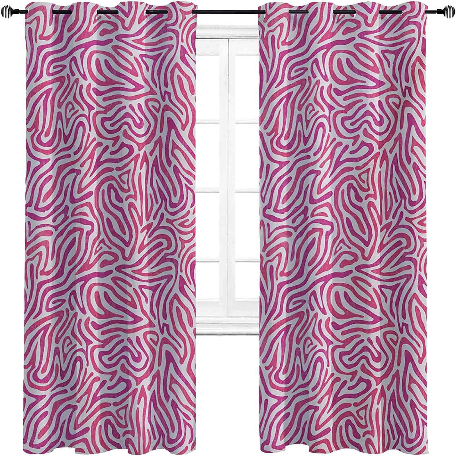 Pink Zebra The Living Room has Powerful Blackout Curtains, Curved Wild Wavy Line Stripe Formless Funky Groovy Boho Tribal Culture, 2 Panels per Group W42 x L84 Inch Fuchsia Pink White