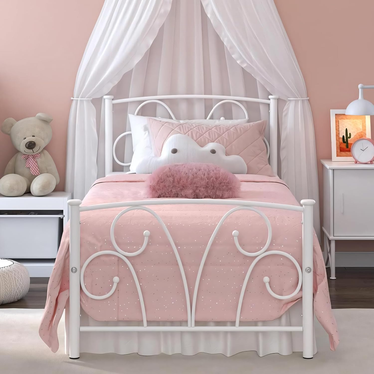 Elephance Twin Bed Frame with Headboard, Metal Platform Bed Frame with 12 Inch Storage Space No Box Spring Needed (White) - Image 3