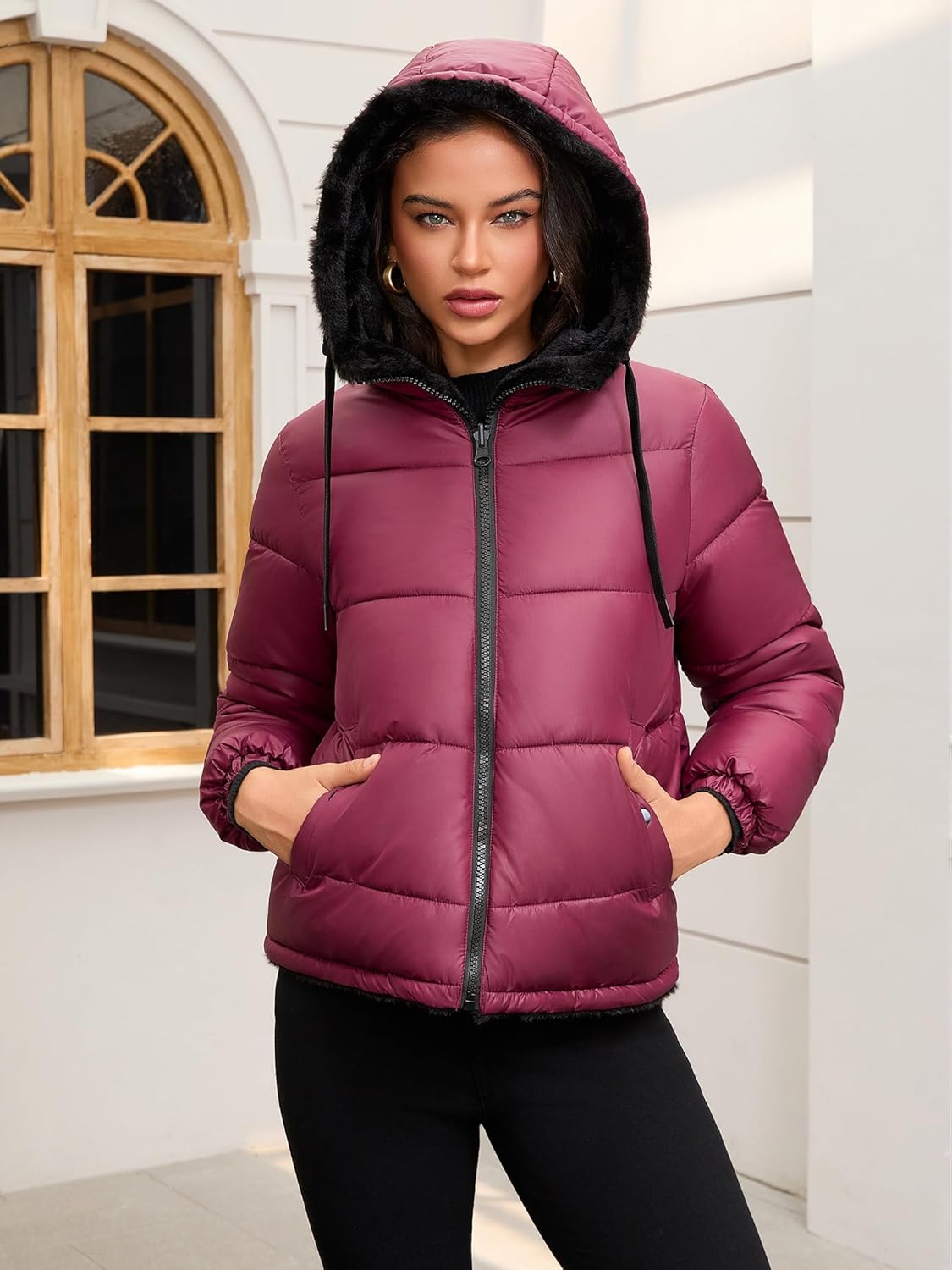 Women's Heavyweight Quilted Puffer Jacket Warm Sherpa Lined Reversible Winter Short Coat for Winter - Image 3