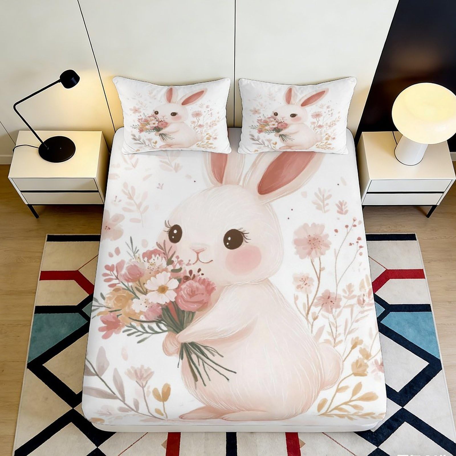 3D Printed soft touch Bunny Fitted Sheet, Microfiber Bed Cover for bedroom decor, wrinkle resistant, daily use, apartment bedding, easy care, anti-slip, dustproof, EU size 90x200x25cm