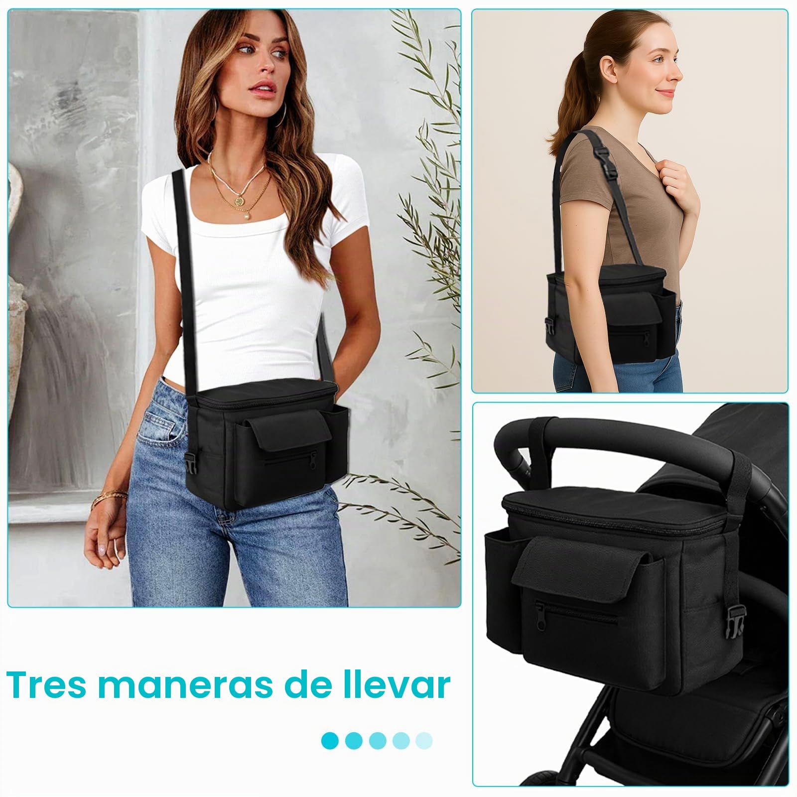 bolsa carro bebe, bolso carrito bebe, bolso para carro bebe, bolso bebe, bolsa carrito bebe, bolsos carro bebe Compatible con Doona, Baby Jogger y Uppababy (negro)