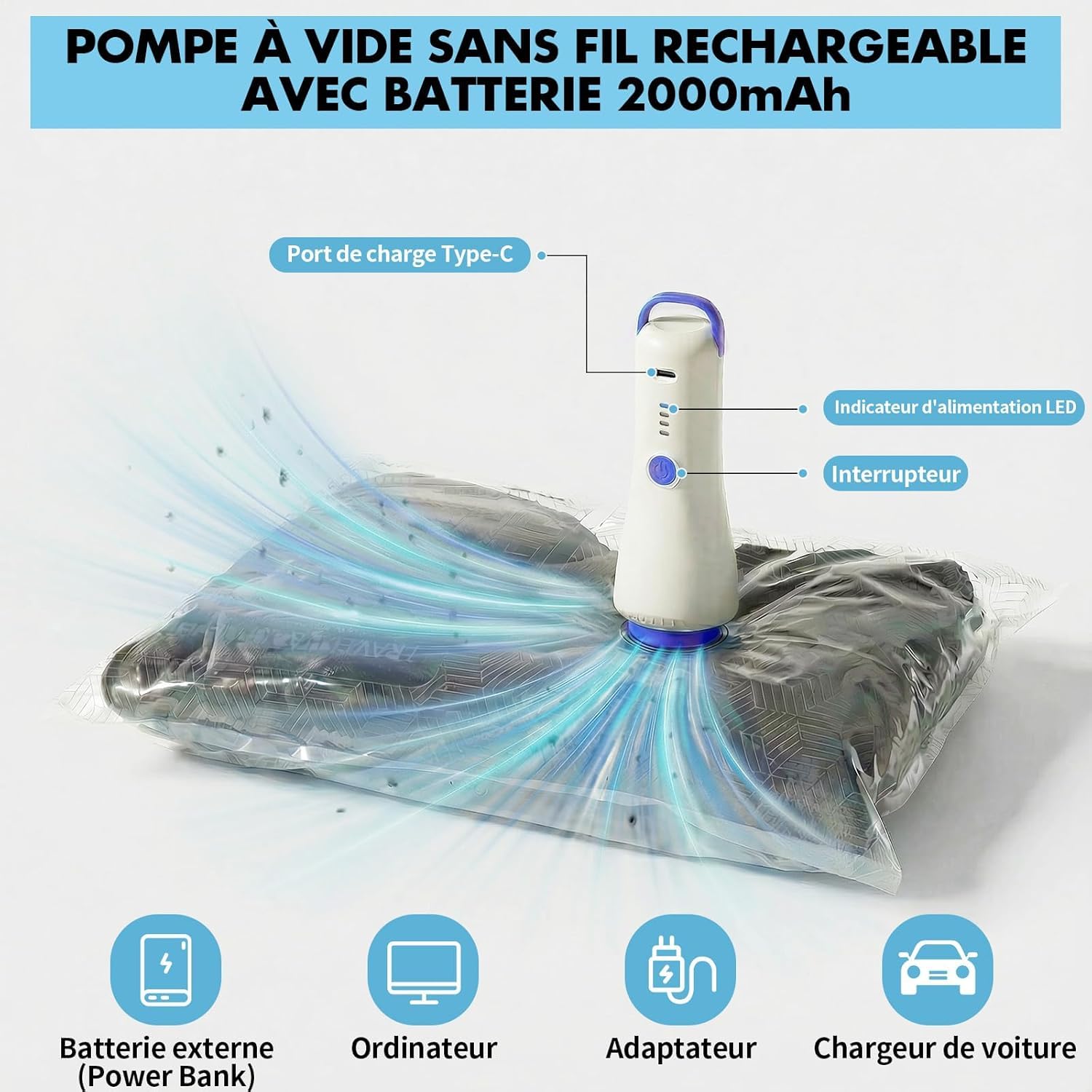 Sac Sous Vide Vêtement Aspirateur avec Pompe Sans Fil, Lot 20