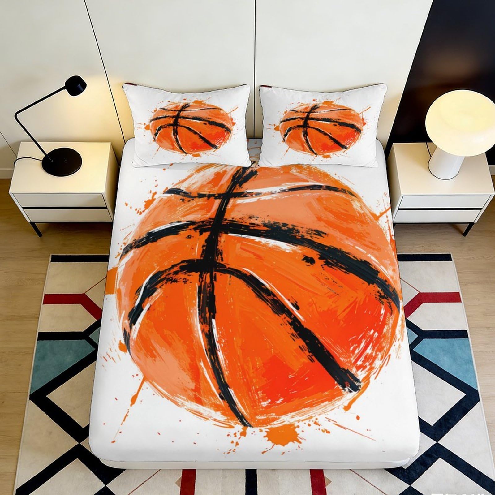 3D Printed Basketball Splash Fitted Sheet Microfiber Orange Artistic Bed Cover for Bedroom Dorm Guest Room Decor Protection 90x200x25cm