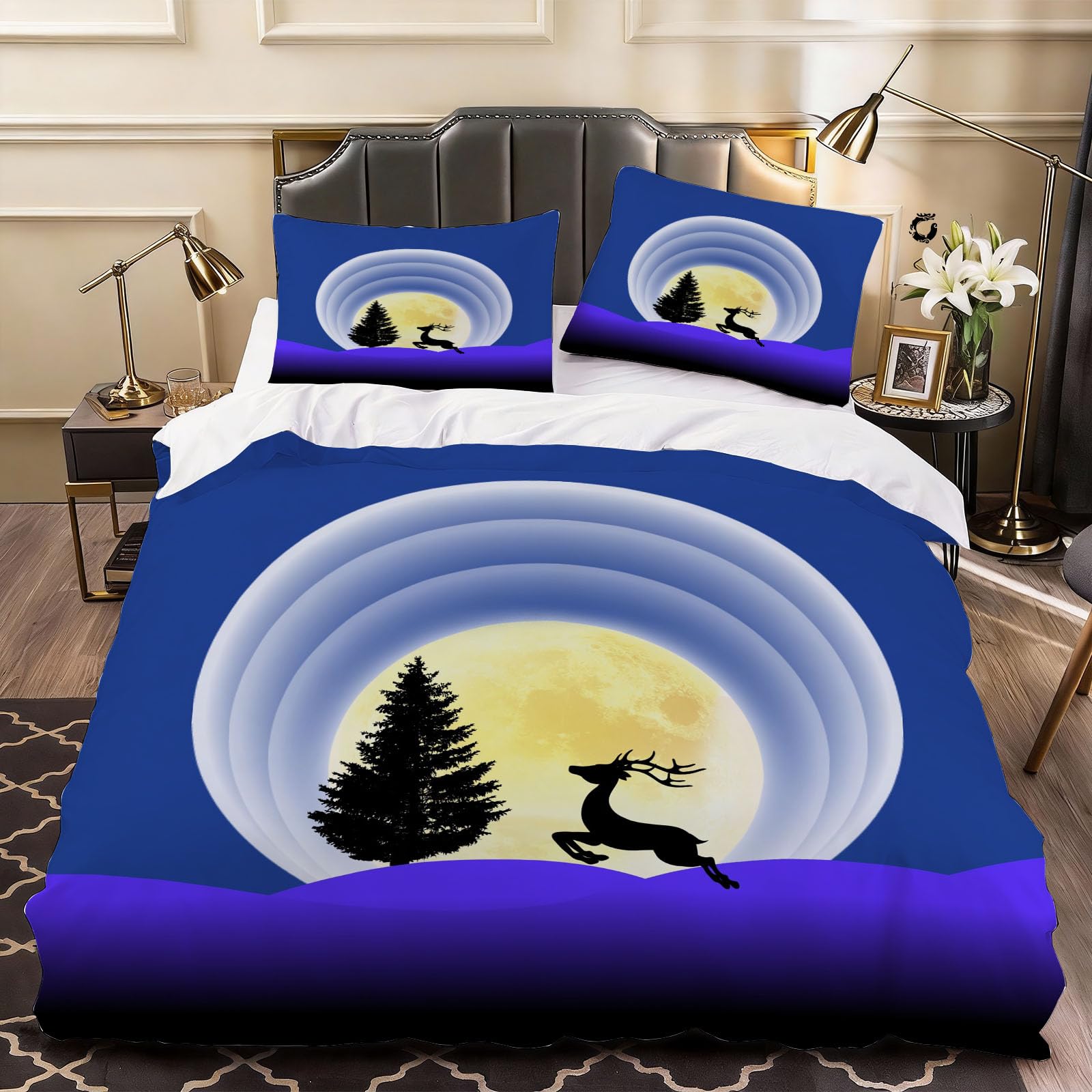 3D Nordic Elk Duvet Cover Cartoon Bedding Single Bed Set, Soft Microfiber Comforter Cover Printed with Zipper Closure Quilt Coverr 135x200 cm and 2 Pillowcases