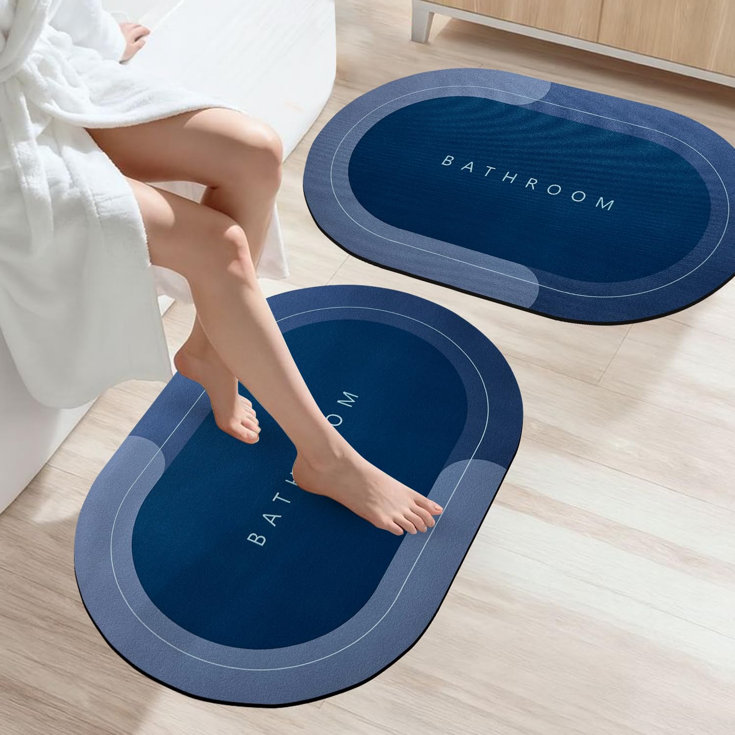 SITTELLA Rubber 3 Pieces (3.5Mm) Anti-Skid Water Soaking Bathroom Print Door Mat, Water Absorbent Mat (40X60Cm) Blue, Oval
