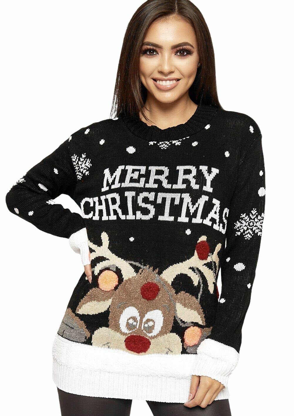 Girlzwalk Women's Red Knitted Merry Christmas Novelty Pullover Xmas Snowflake Reindeer Pom Jumper (, Xl)