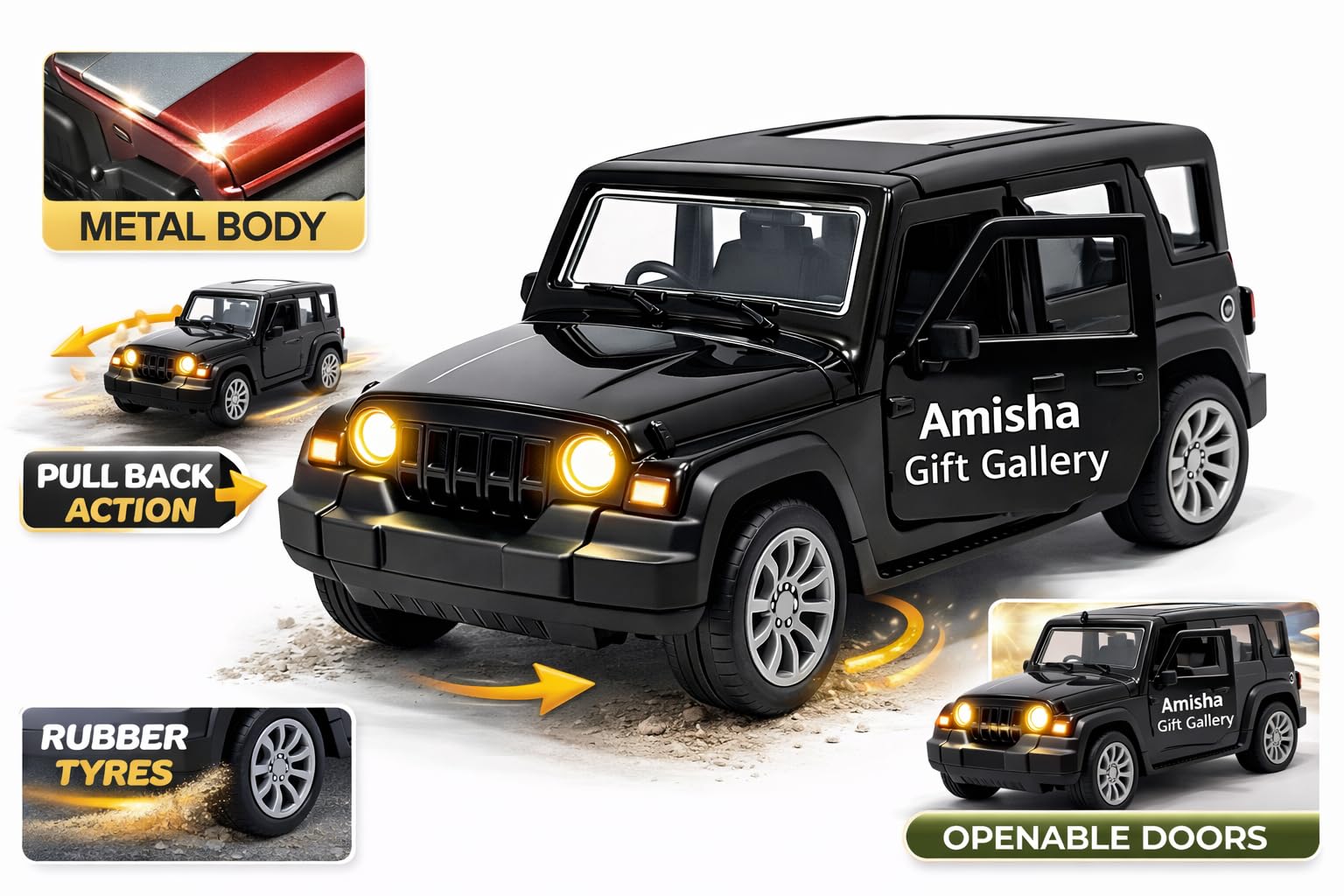 Thar Roxx 1:32 Scale Die-Cast Metal Pull Back Toy Car with Openable Doors Lights & Music | Alloy 4x4 SUV Model Vehicle Toy for Kids Boys Girls Age 2+ | Collectible Mini Car Gift Black 2