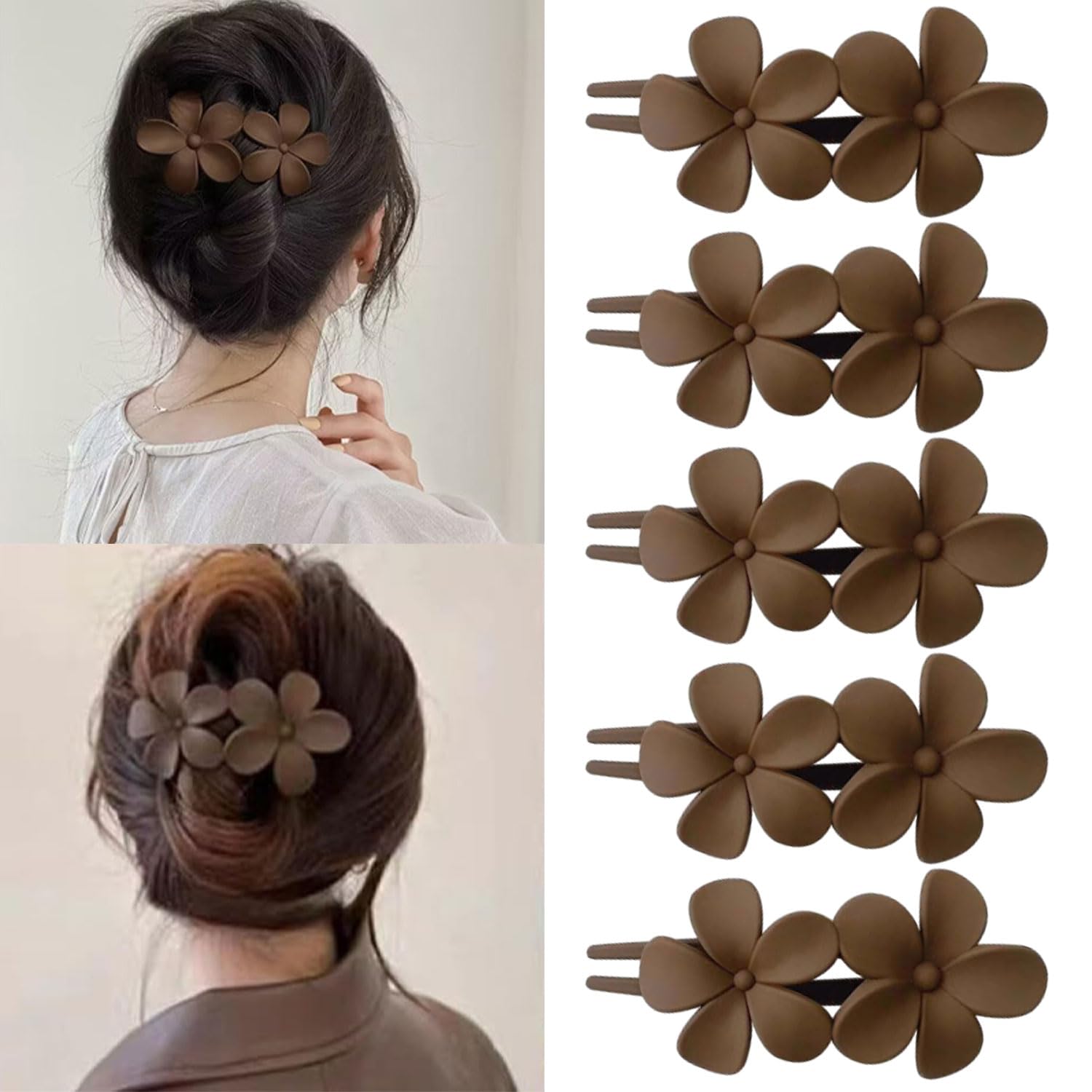 5 Pcs Flower Flat Claw Clips for Women Brown Flat Hair Clips Spring Flat Hair Clips for Thick Hair Non-Slip Matte Claw Clip Cute Floral Hair Clip for