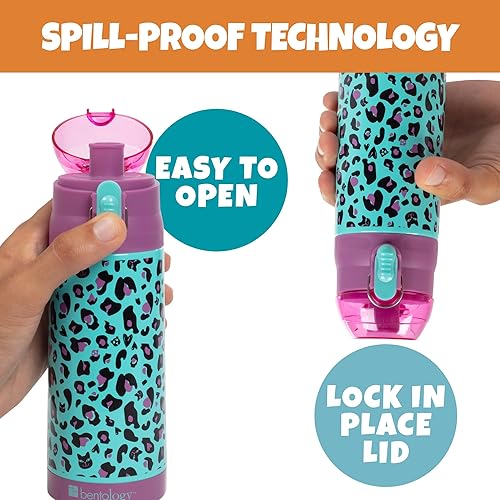 Miniatura 2 de Bentology Botella de agua reutilizable de acero inoxidable de 13 onzas para niños, diseño de guepardo, doble pared, tapa a prueba de derrames con