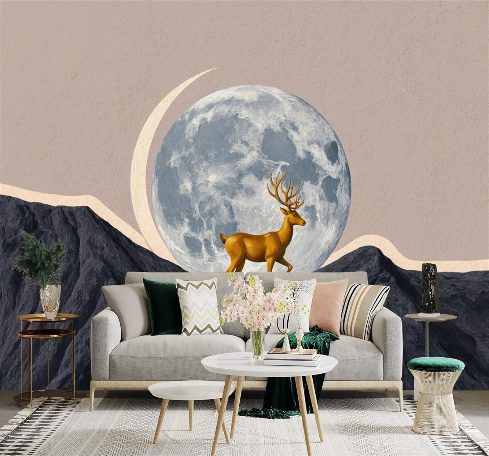 XLMING Minimalist Golden Deer Mountain Peaks Full Moon Night Sky 3D Wallpaper Silky Texture Home Study Office Grey Dining Room Sofa Bedroom Living Room TV Backdrop-150cm×105cm