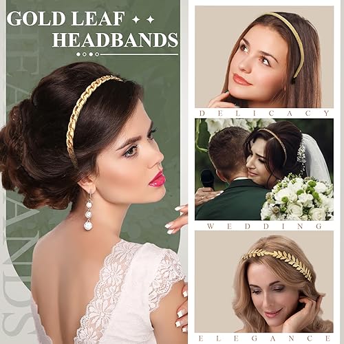 Miniatura 4 de XunYee Juego de 6 diademas de hoja dorada, diademas de perlas para mujeres, accesorios de diosa griega, perlas de imitación de flores, diadema de