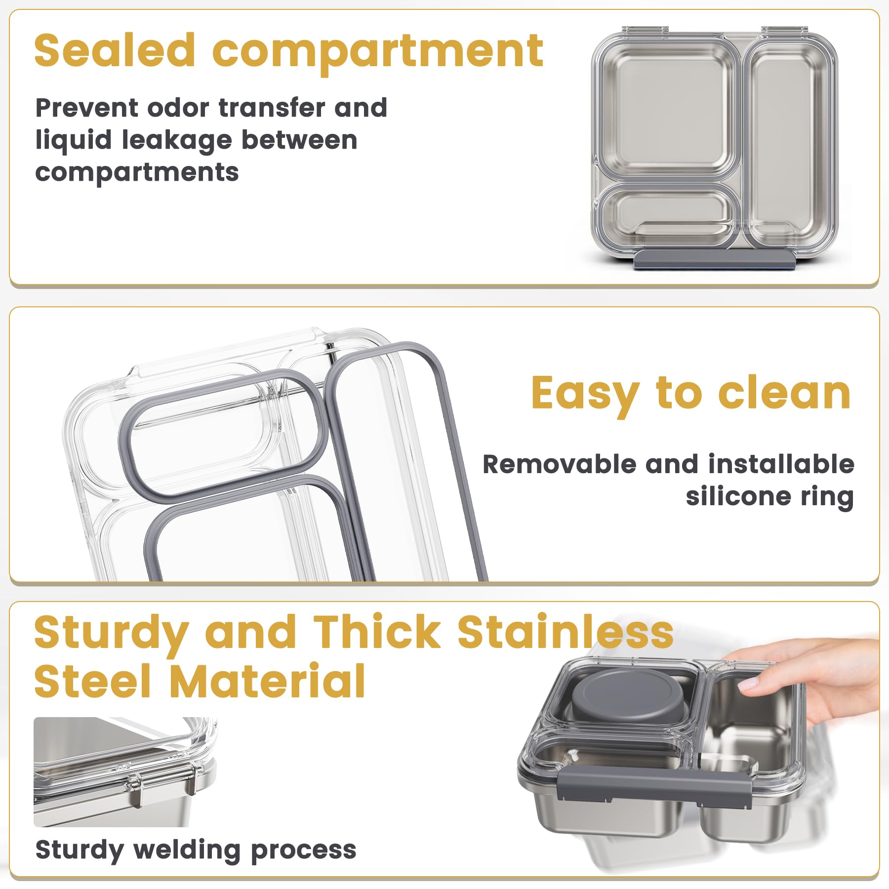 Itslife Bento Lunch Box Adulti Bambini in Acciaio Inox con 200ml Contenitore Termico per Alimenti, Porta Pranzo 3 Scomparti con Contenitore per Salse, per Lavoro Picnic Ufficio, senza BPA, Grigio