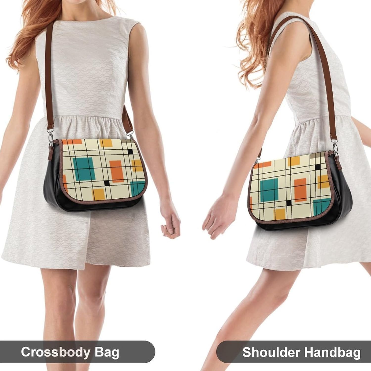 1950's Abstract ArtWomen's Faux Leather Crossbody Bag, Waterproof Wrinkle-Resistant Shoulder Bag with Detachable Strap, Large Capacity Casual Handbag, Fashion Daily Purse for Shopping Work Dating, Ide