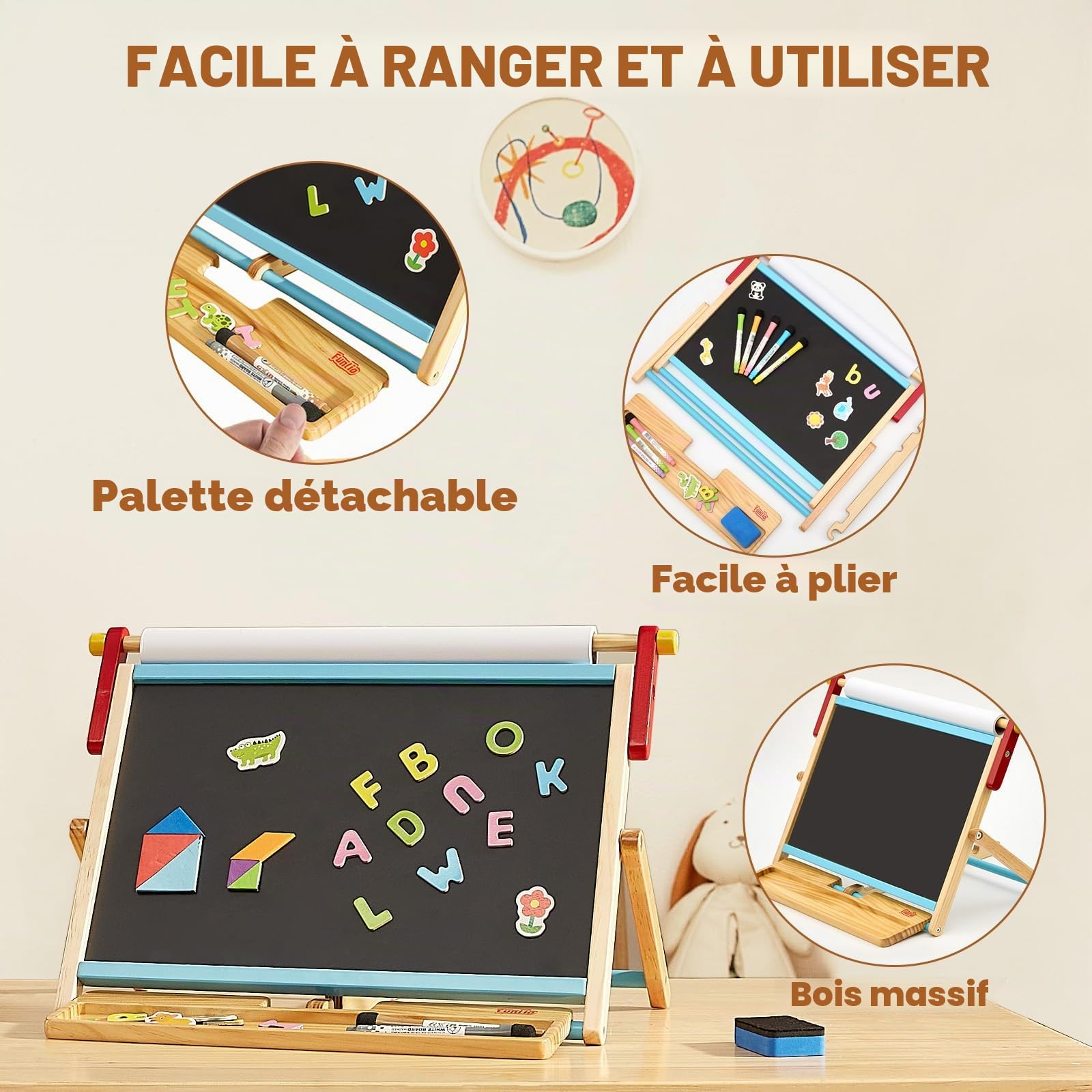 FUNLIO Chevalet de table en bois anti-déformation pour enfants à partir de 3 ans (plus de 100 pièces), chevalet magnétique double face avec 3 angles réglables, chevalet pour enfants, pliable - Bleu