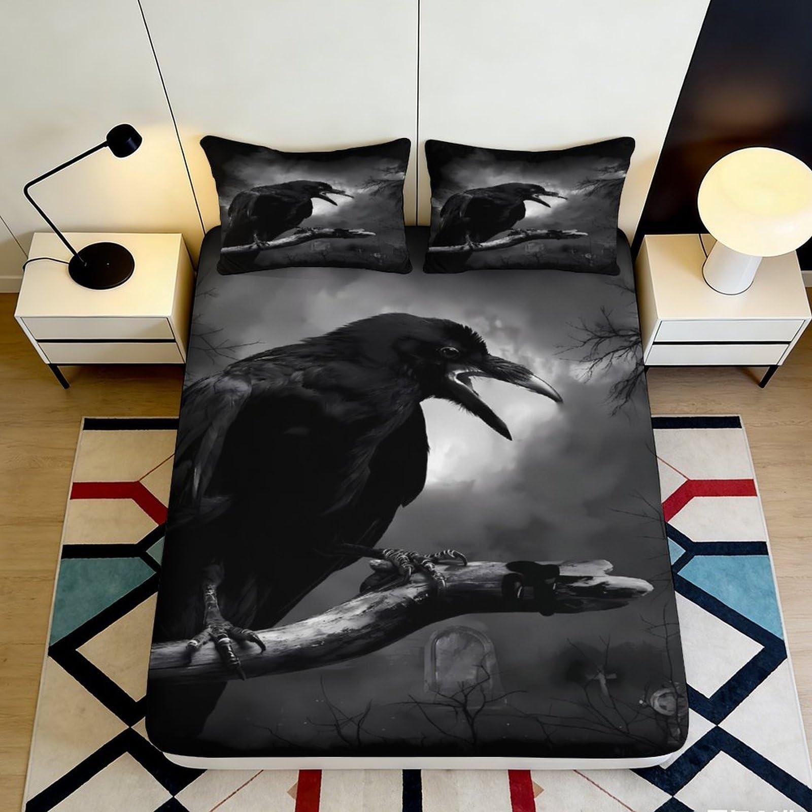 3D Printed Gothic Raven Fitted Sheet Microfiber Soft Black Crow Bed Cover for Bedroom Guest Room Mattress Protection Decor 90x200x25cm