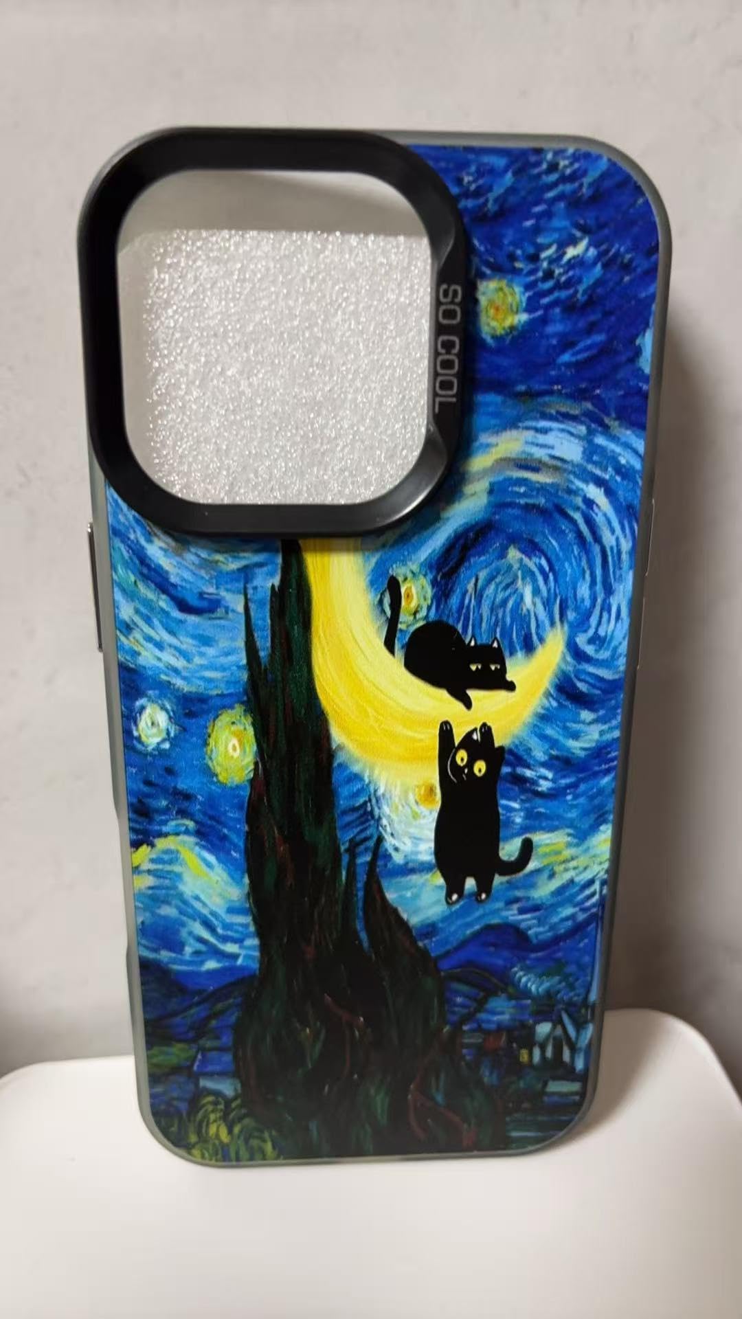 Moon Cat Phone Case for iPhone 13 iPhone 14 Art Animal Pattern Case for Men and Women Black