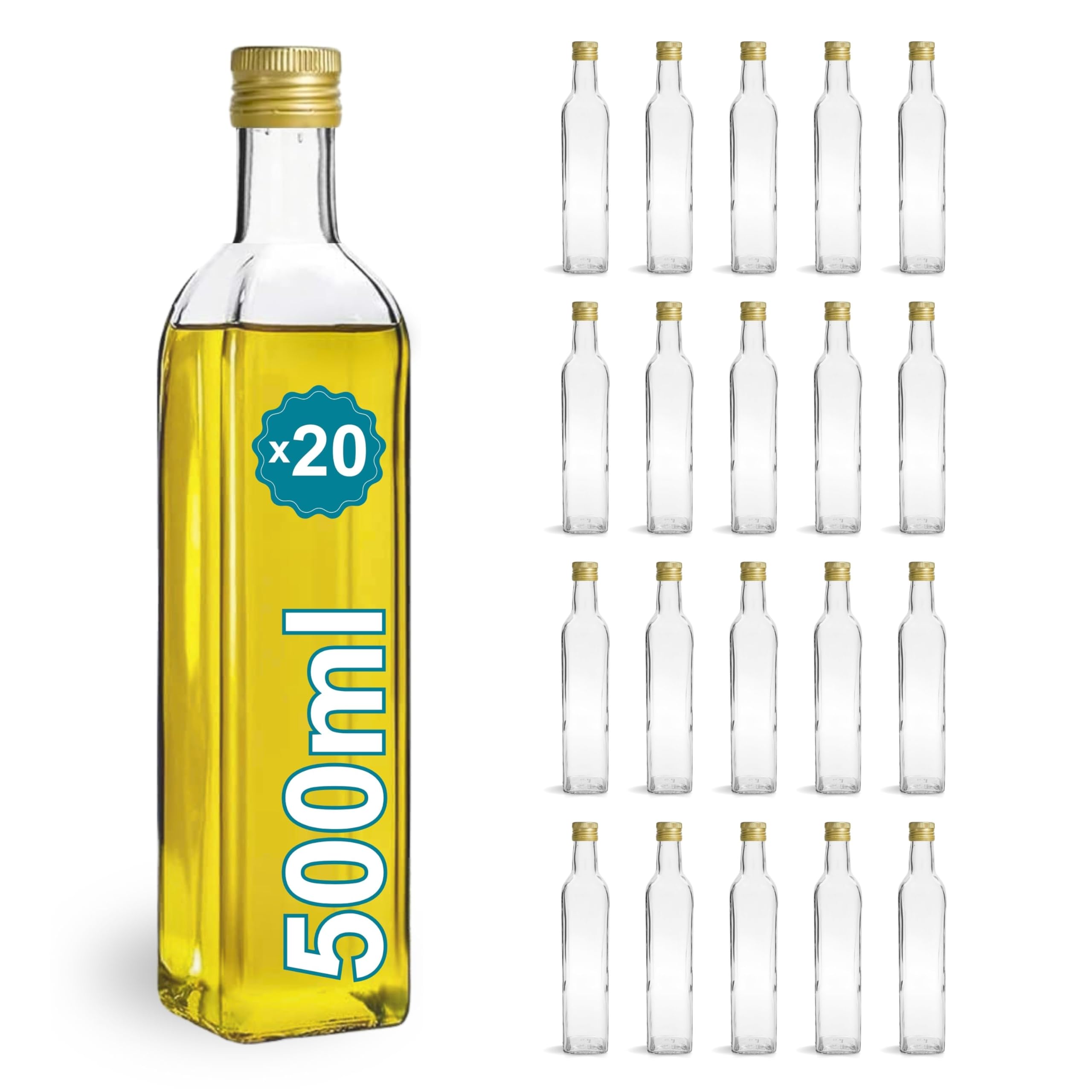 Espirito Rebelde 20 Botellas de Cristal 500ml con Tapón de Rosca Dorado - Aceite de Oliva, Vinagre, Alcohol, Salsas - Aceitera de Cristal