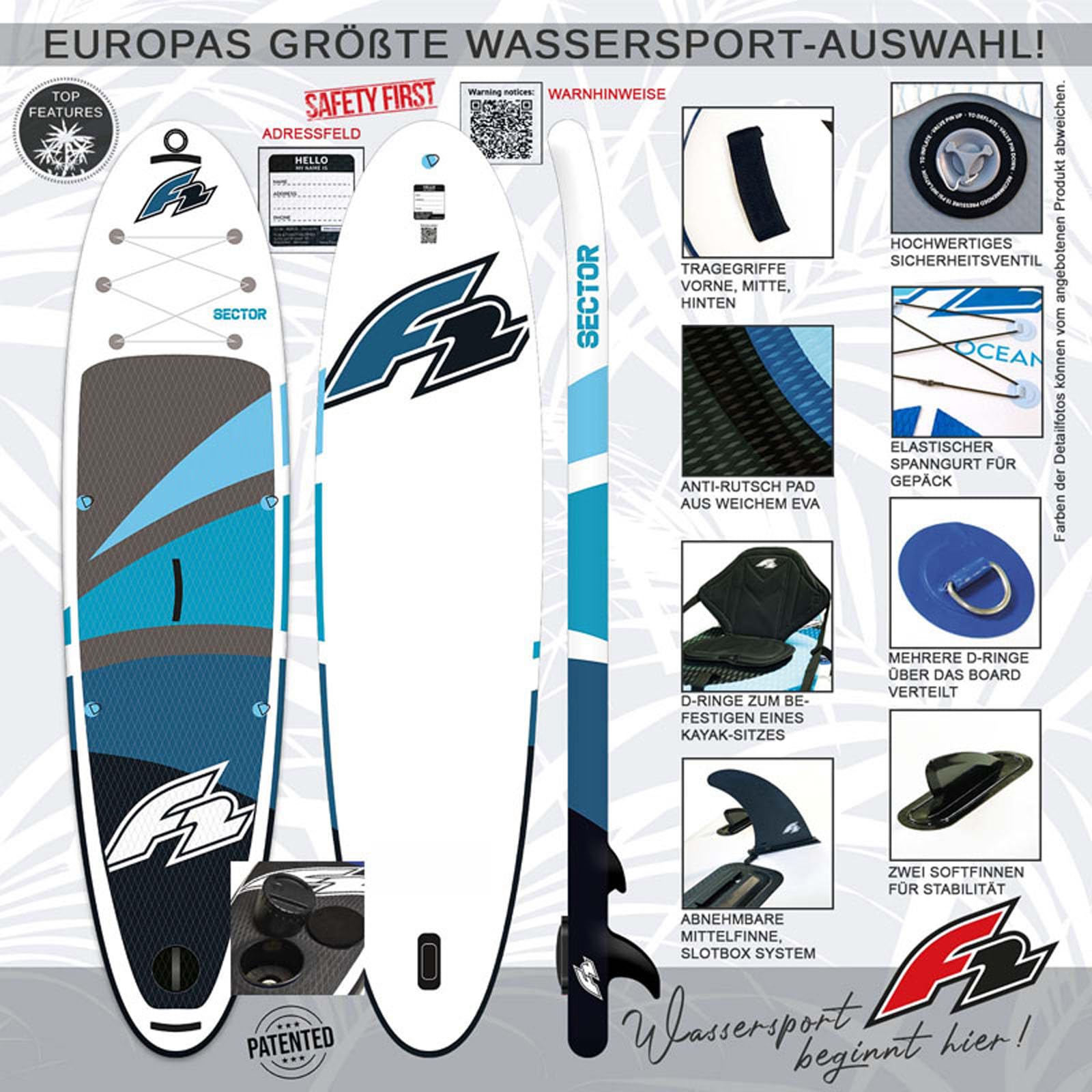 F2 Stand Up Paddle Board Sector SMART SUP mit E-Pumpe Größe wählbar Blau 2025