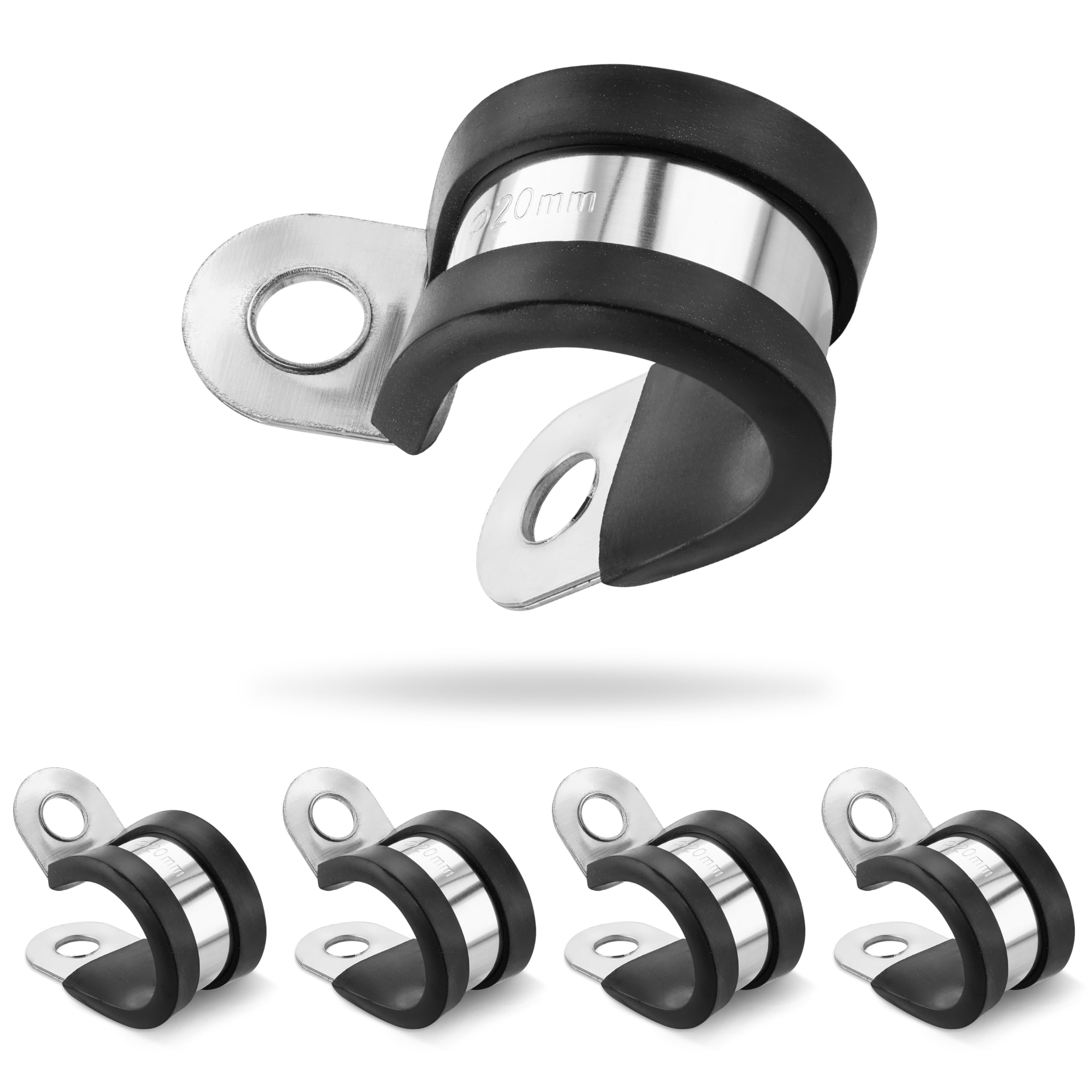 Poppstar 5X Hose Clamps P-Clamp Stainless Steel, Clamping Range 20mm, Bandwidth 20mm, Rubberized