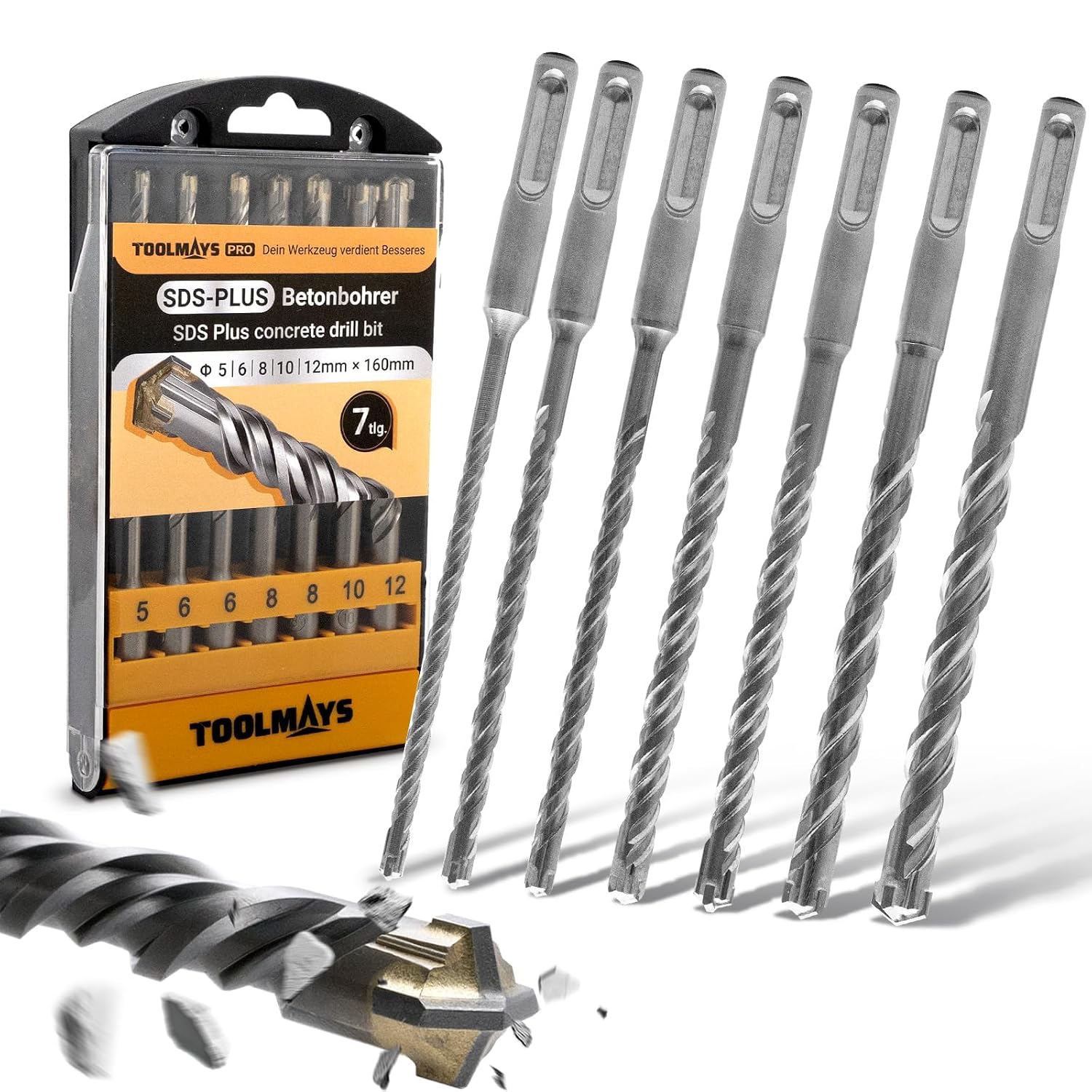 SDS Plus Concrete Drill Bit Set, 7-Piece (5-12mm x 160mm) — Premium Carbide-Tipped Masonry Drill Bits for Concrete, Brick, Block & Stone, Max Hardness 92 HRC, Ideal for Hammer Drills
